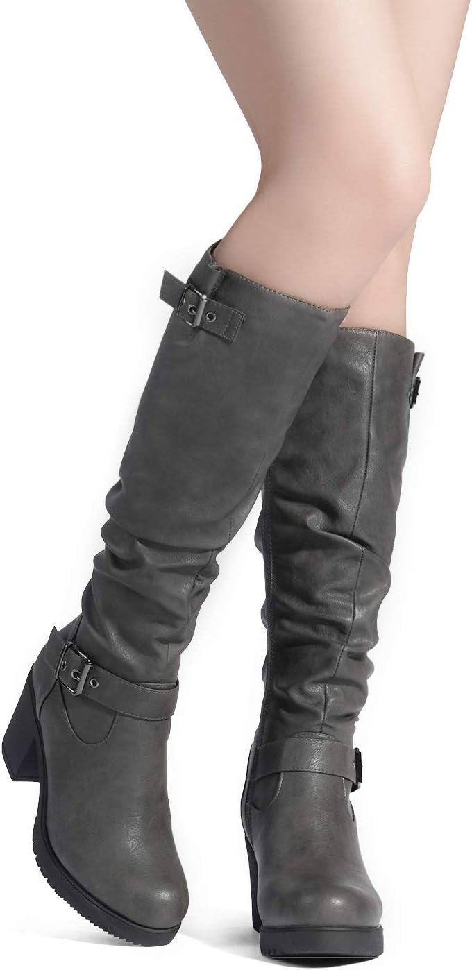 imageDREAM PAIRS Womens Chunky Heel Knee High Boots Side Zipper Round Toe Boots with Faux Fur LiningGrey