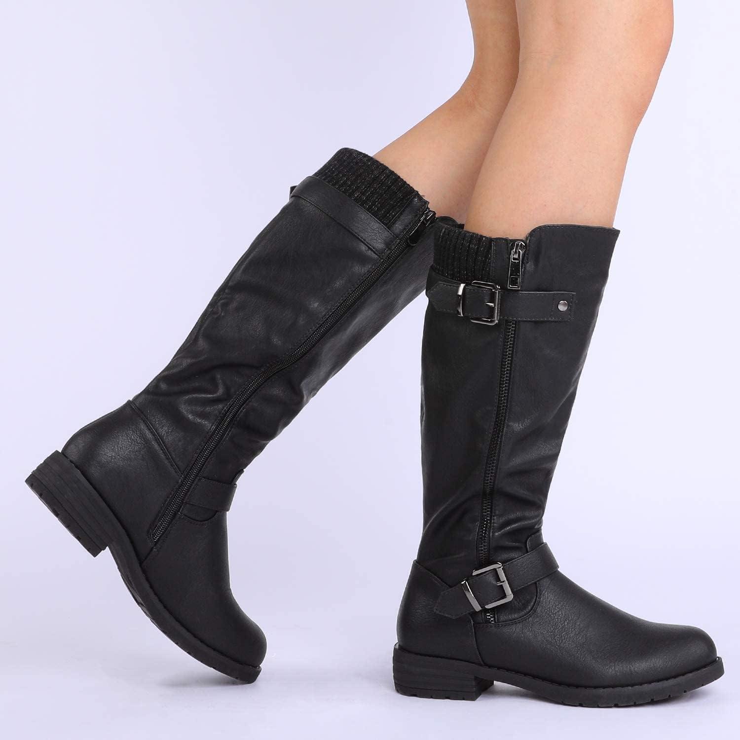 imageDREAM PAIRS Womens Knee High Boots Comfortable Riding Boots Side Zipper Fall Boots with BuckleBlack