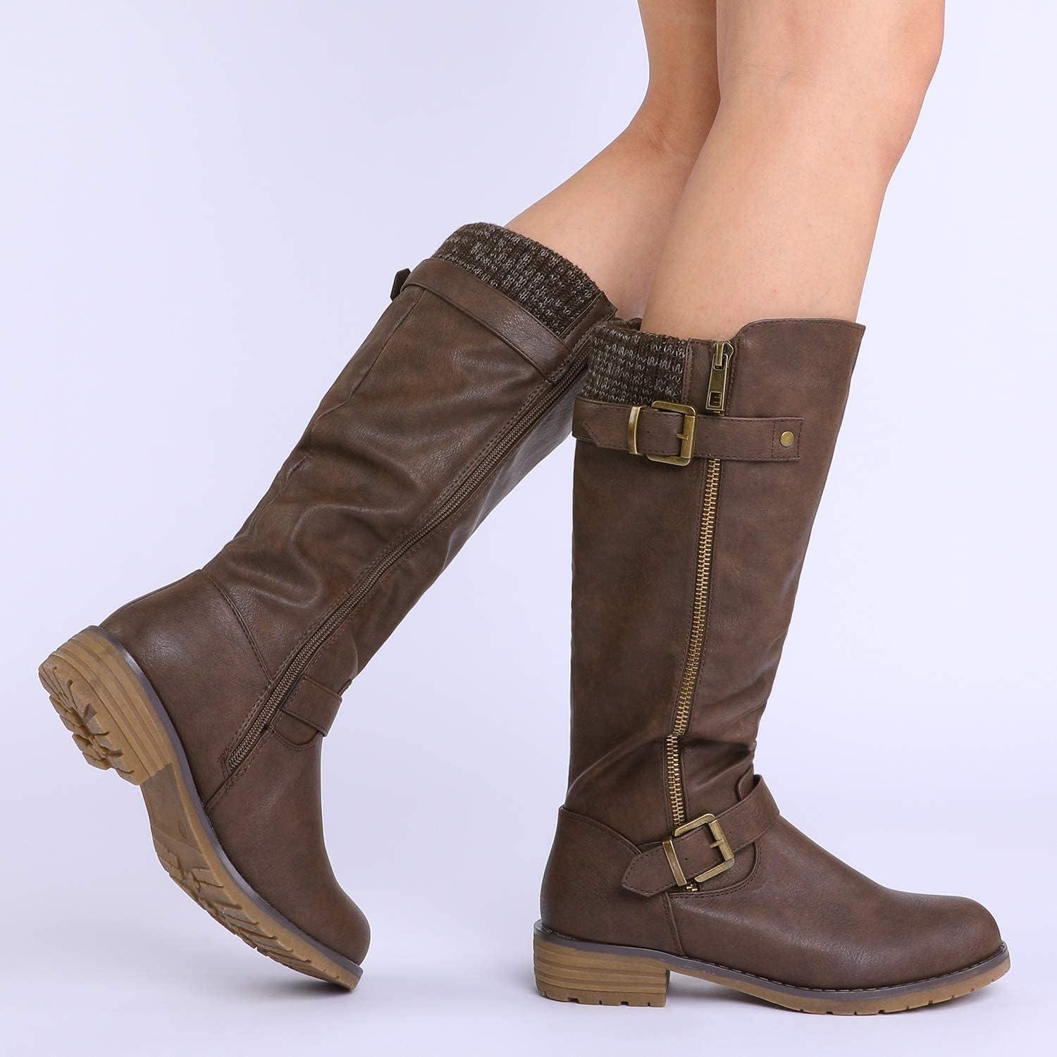 imageDREAM PAIRS Womens Knee High Boots Comfortable Riding Boots Side Zipper Fall Boots with BuckleBrown