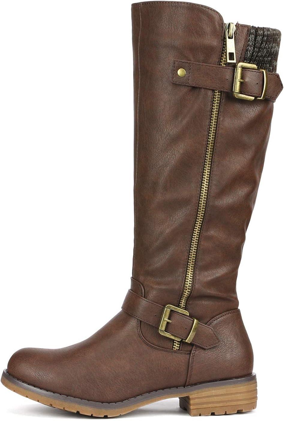 imageDREAM PAIRS Womens Knee High Boots Comfortable Riding Boots Side Zipper Fall Boots with BuckleBrown