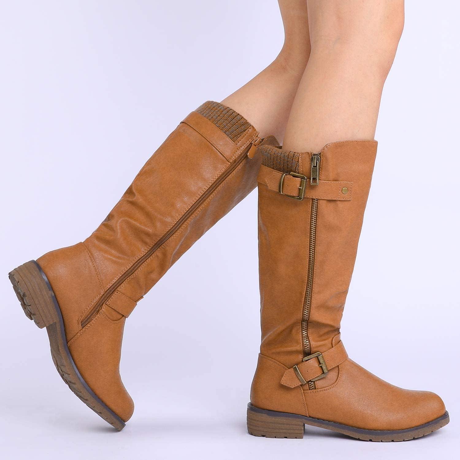 imageDREAM PAIRS Womens Knee High Boots Comfortable Riding Boots Side Zipper Fall Boots with BuckleCamel