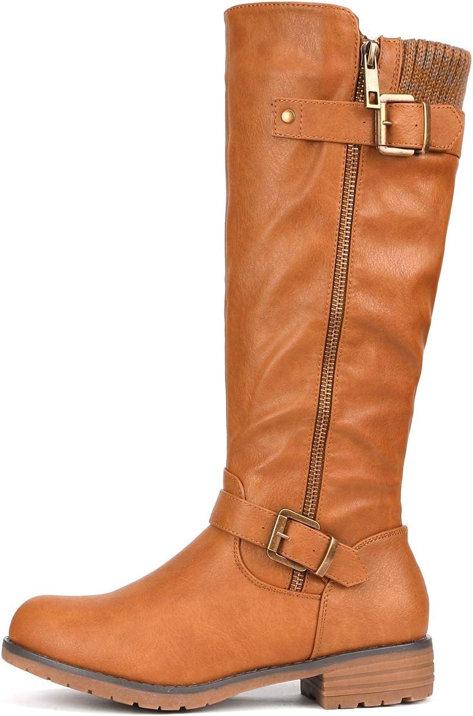 imageDREAM PAIRS Womens Knee High Boots Comfortable Riding Boots Side Zipper Fall Boots with BuckleCamel