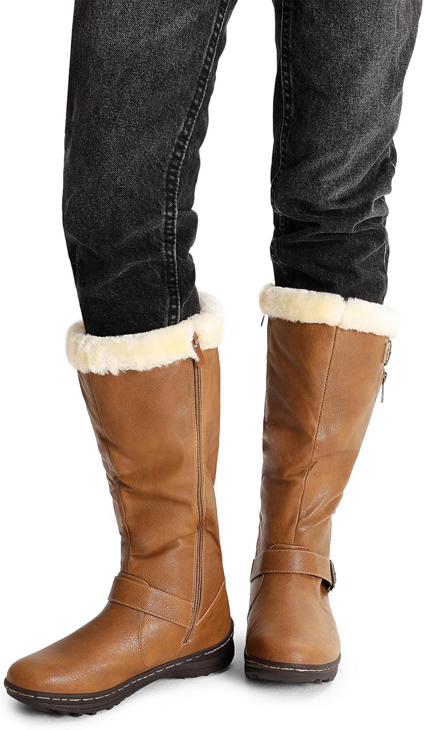 imageDREAM PAIRS Womens Knee High Boots Thick Faux Fur Lined Winter Snow Warm Boots with ZipperRabbitcamel Pu
