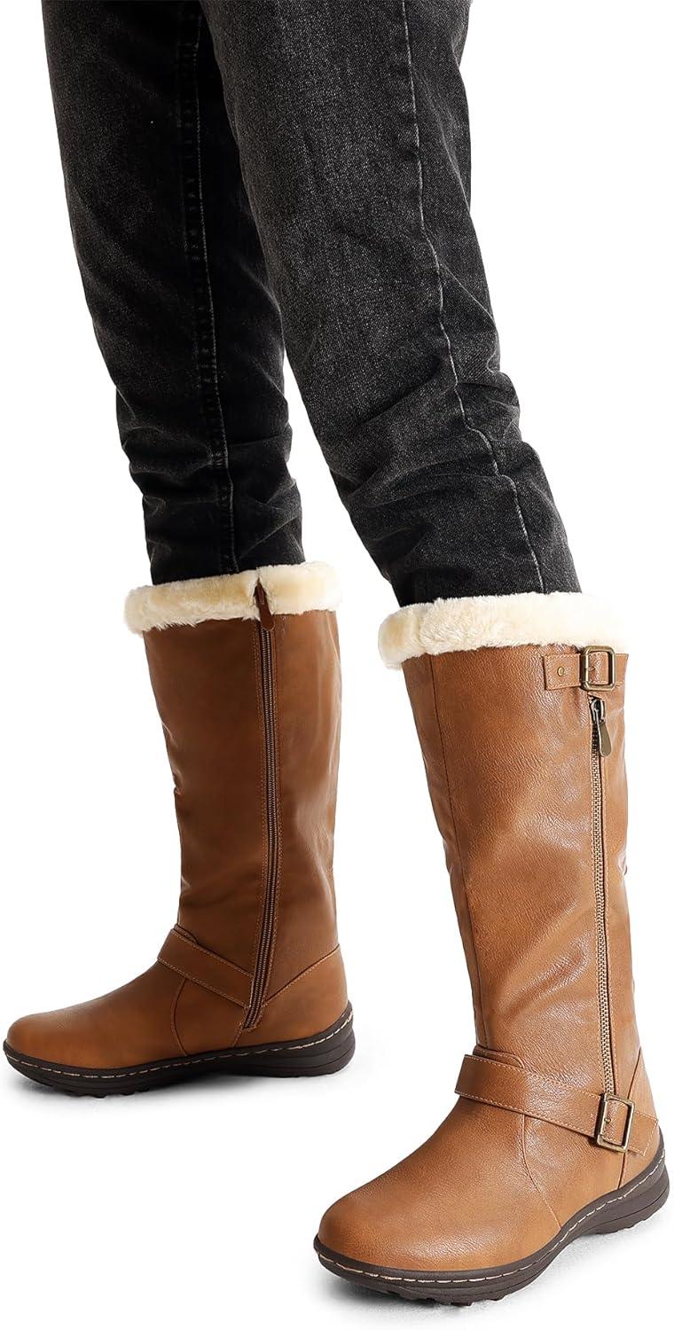 imageDREAM PAIRS Womens Knee High Boots Thick Faux Fur Lined Winter Snow Warm Boots with ZipperRabbitcamel Pu