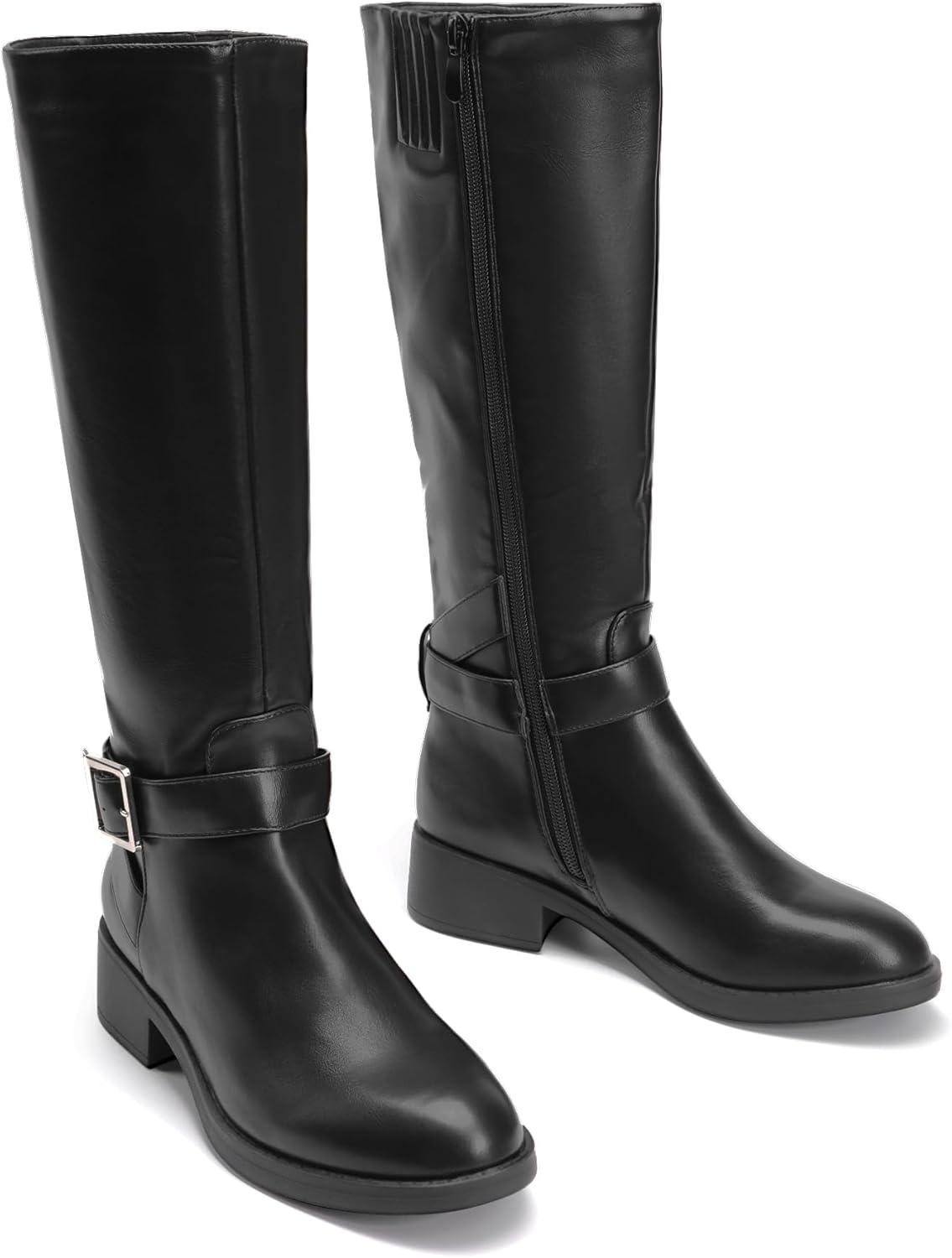 imageDREAM PAIRS Womens Knee High Riding Boots Comfortable Low Chunky Heel Side Zipper Round Toe Casual Classic RanchingBlack