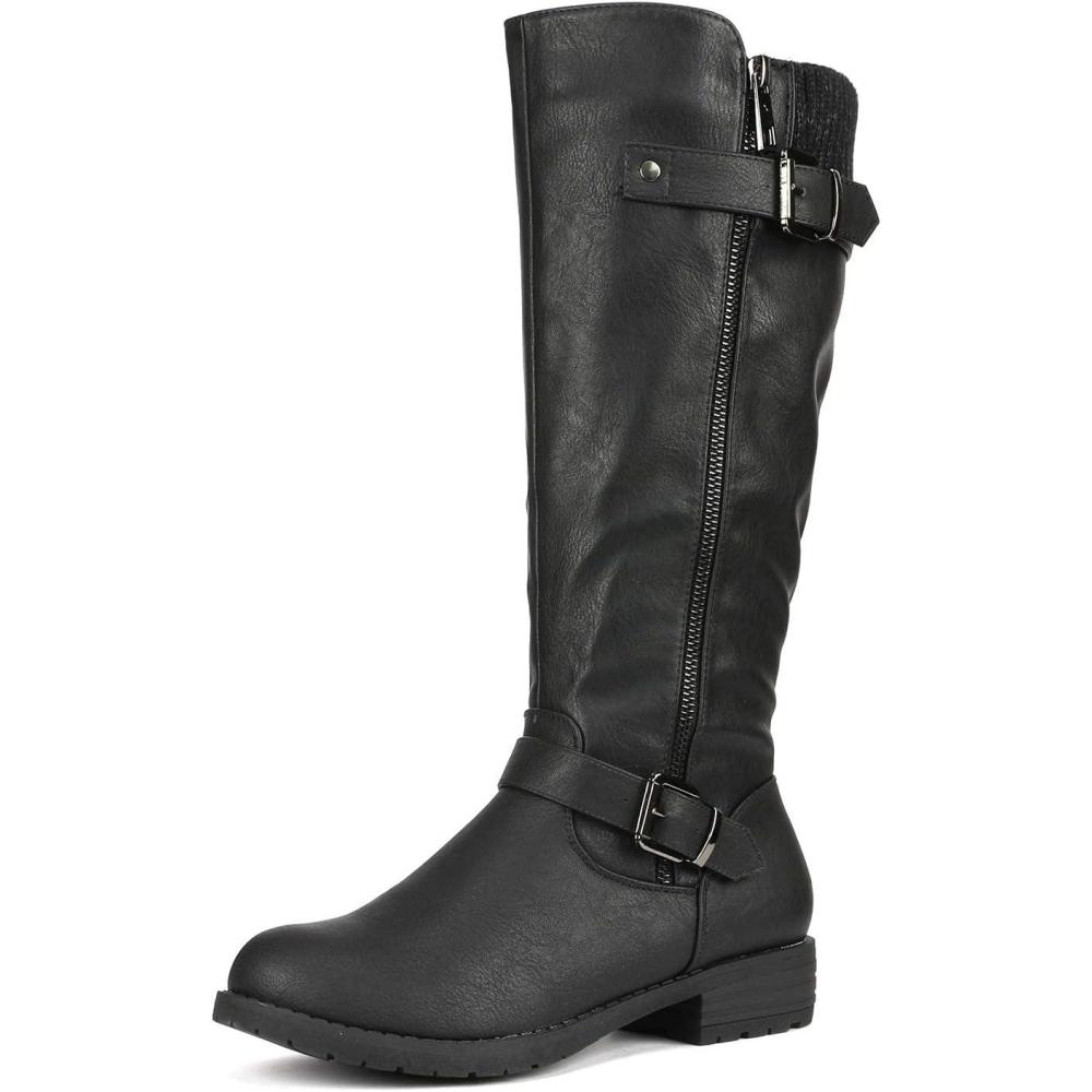 imageDREAM PAIRS Womens Knee High Boots Comfortable Riding Boots Side Zipper Fall Boots with BuckleBlack