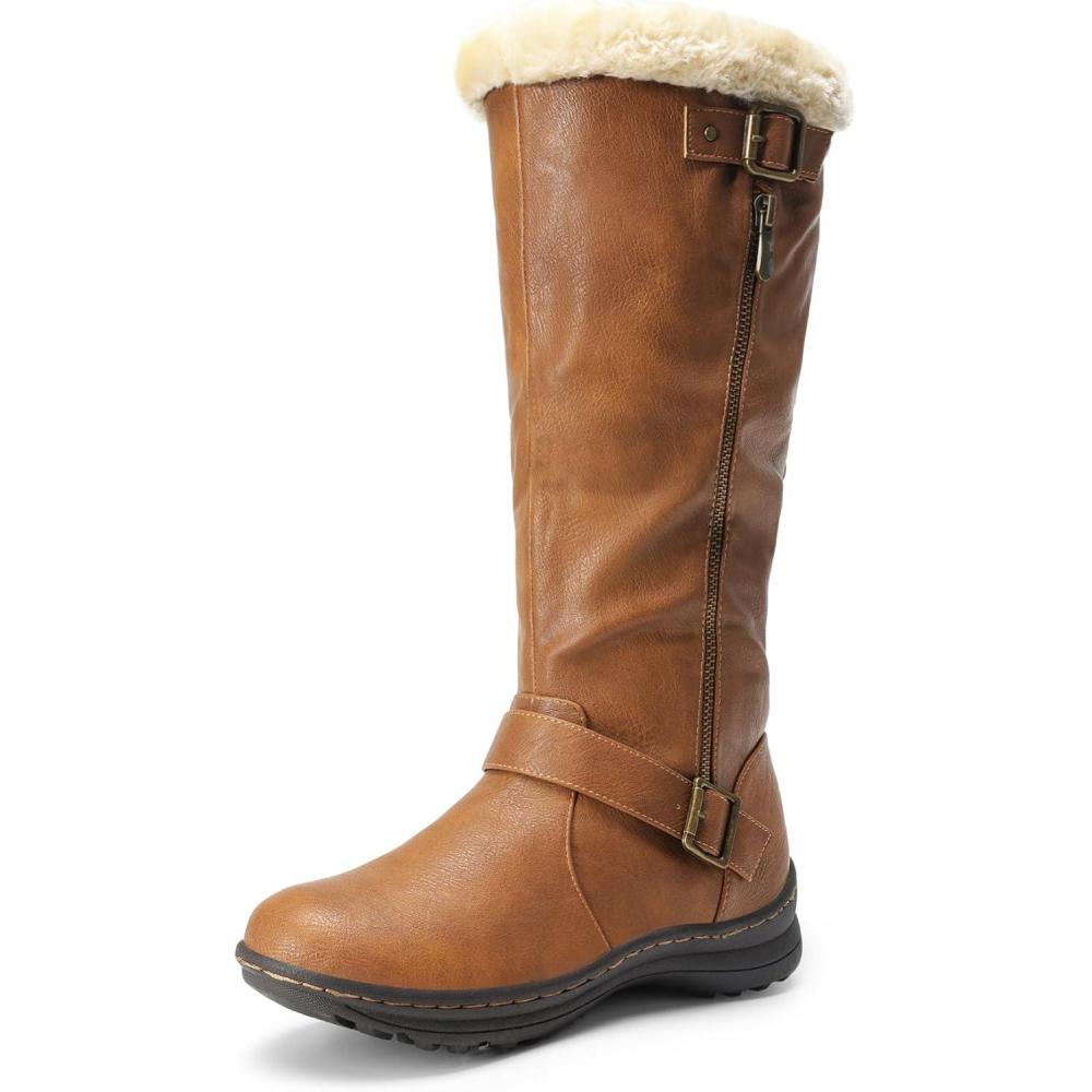 imageDREAM PAIRS Womens Knee High Boots Thick Faux Fur Lined Winter Snow Warm Boots with ZipperRabbitcamel Pu
