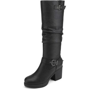 DREAM PAIRS Women’s Chunky Heel Knee High Boots Side Zipper Round Toe Boots with Faux Fur Lining(Black)