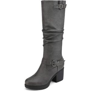 DREAM PAIRS Women’s Chunky Heel Knee High Boots Side Zipper Round Toe Boots with Faux Fur Lining(Grey)