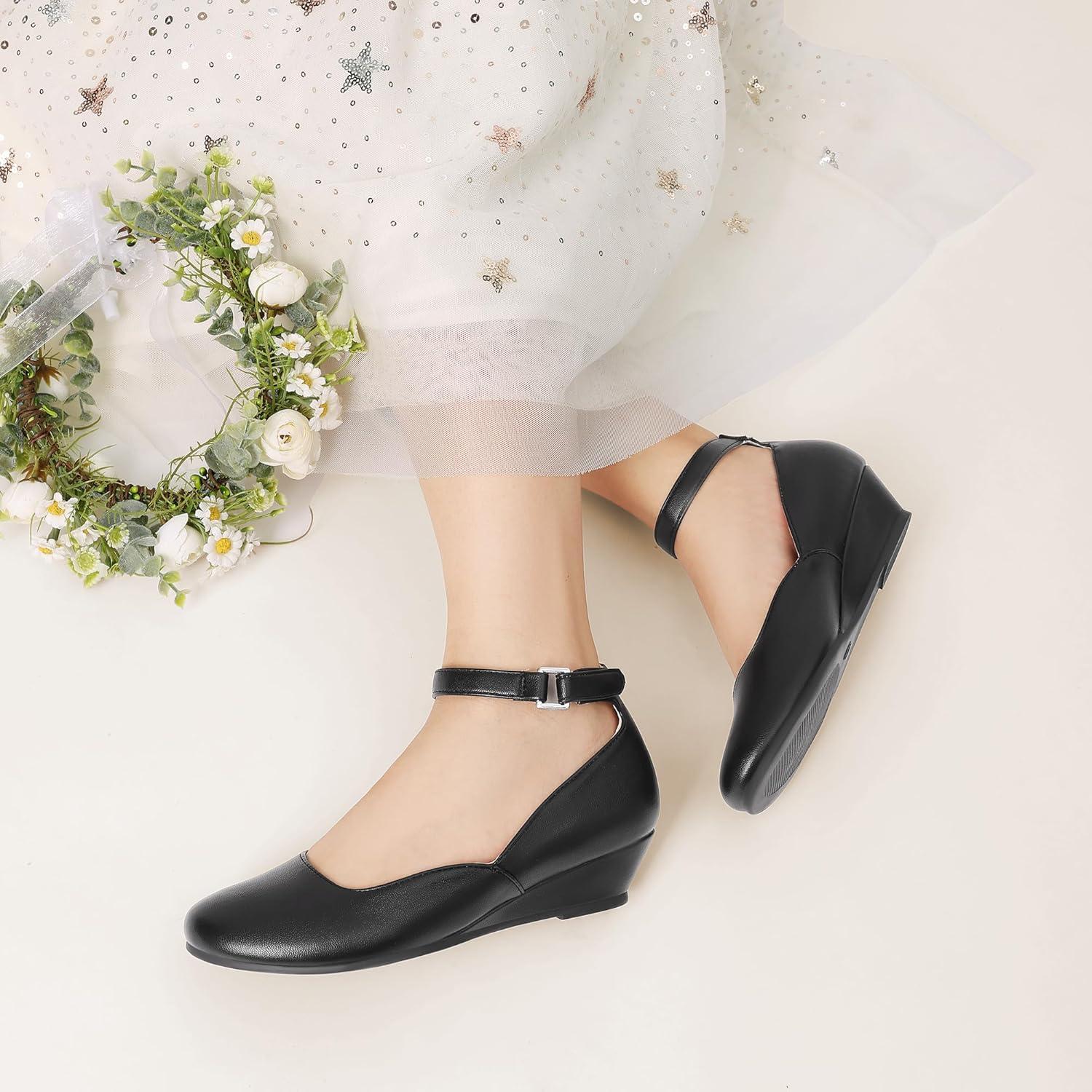 imageDREAM PAIRS Girls Dress Shoes Low Wedge Heels Ankle Strap Wedding Flower Party Pump for Toddler Little Big KidAll Black