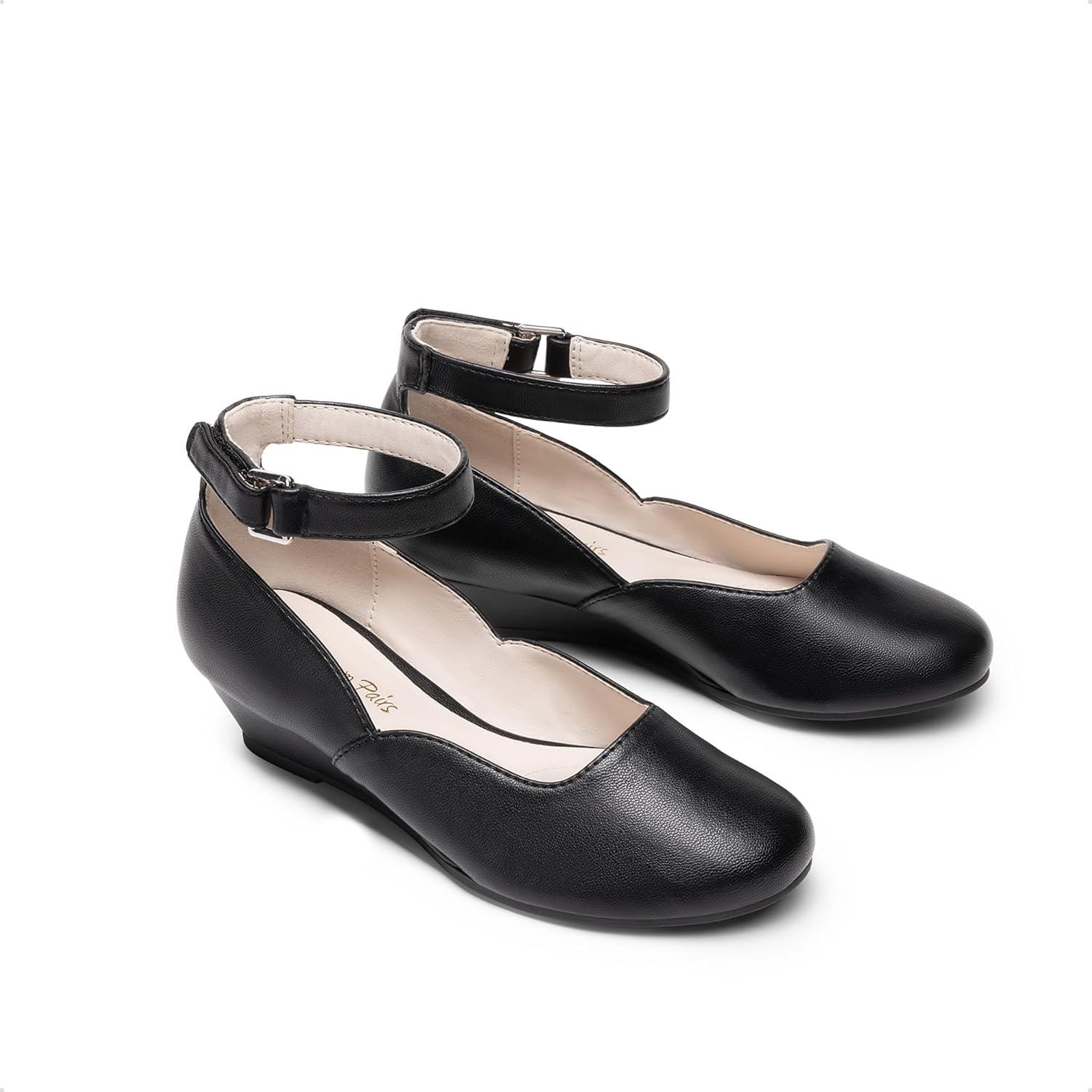 imageDREAM PAIRS Girls Dress Shoes Low Wedge Heels Ankle Strap Wedding Flower Party Pump for Toddler Little Big KidAll Black