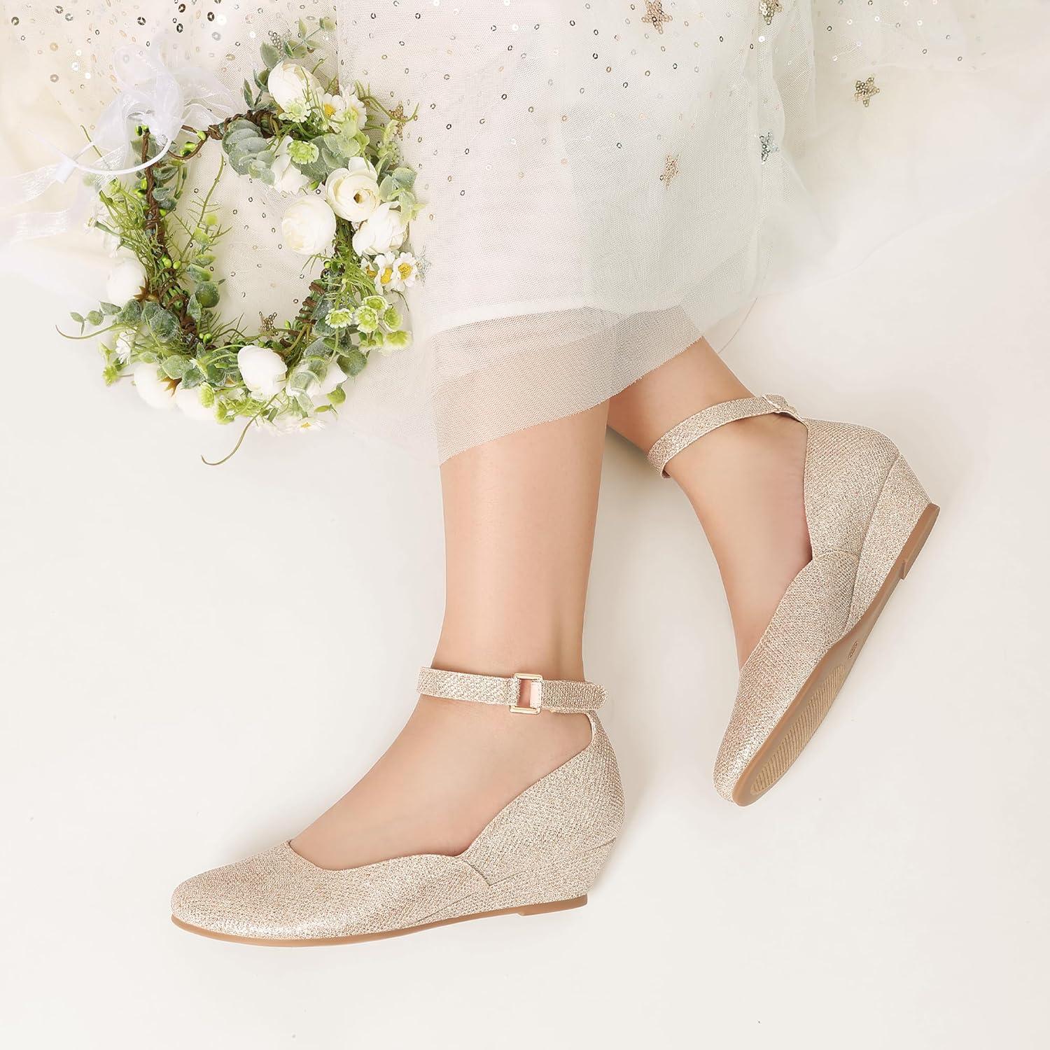 imageDREAM PAIRS Girls Dress Shoes Low Wedge Heels Ankle Strap Wedding Flower Party Pump for Toddler Little Big KidGold
