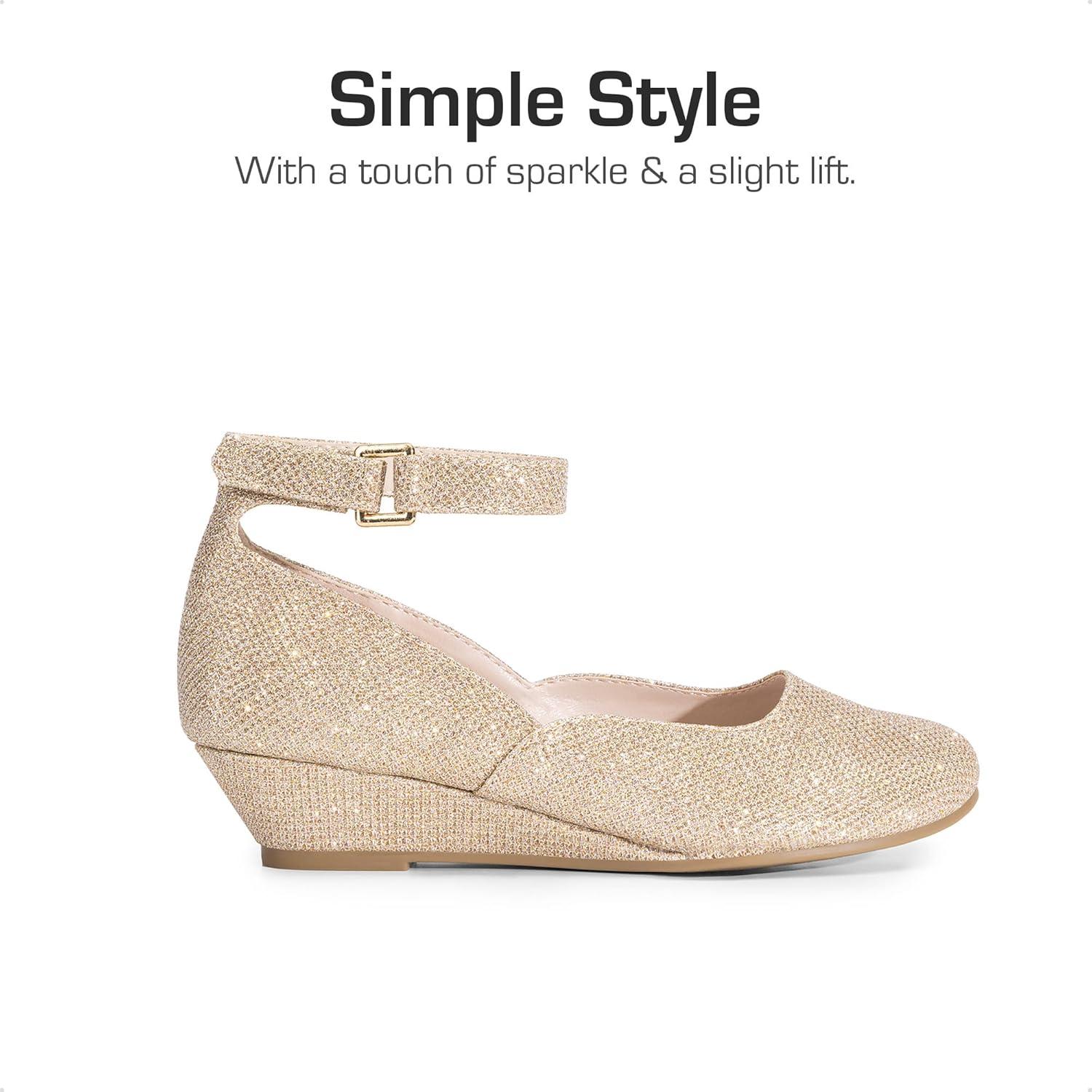 imageDREAM PAIRS Girls Dress Shoes Low Wedge Heels Ankle Strap Wedding Flower Party Pump for Toddler Little Big KidGold