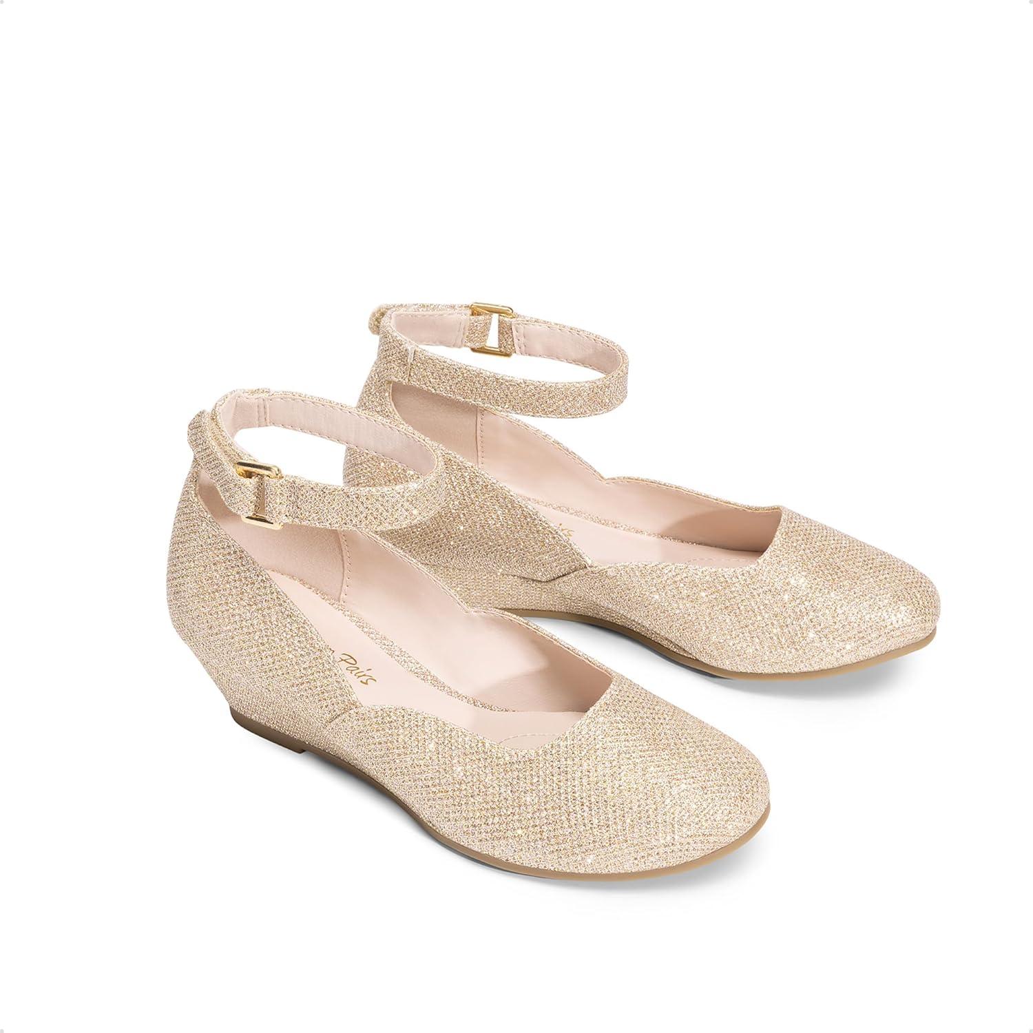 imageDREAM PAIRS Girls Dress Shoes Low Wedge Heels Ankle Strap Wedding Flower Party Pump for Toddler Little Big KidGold