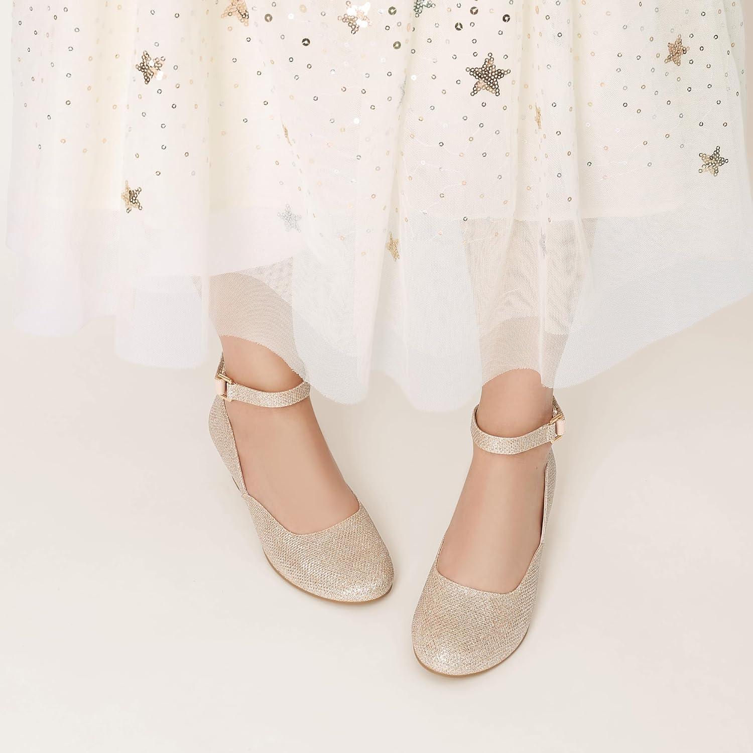 imageDREAM PAIRS Girls Dress Shoes Low Wedge Heels Ankle Strap Wedding Flower Party Pump for Toddler Little Big KidGold