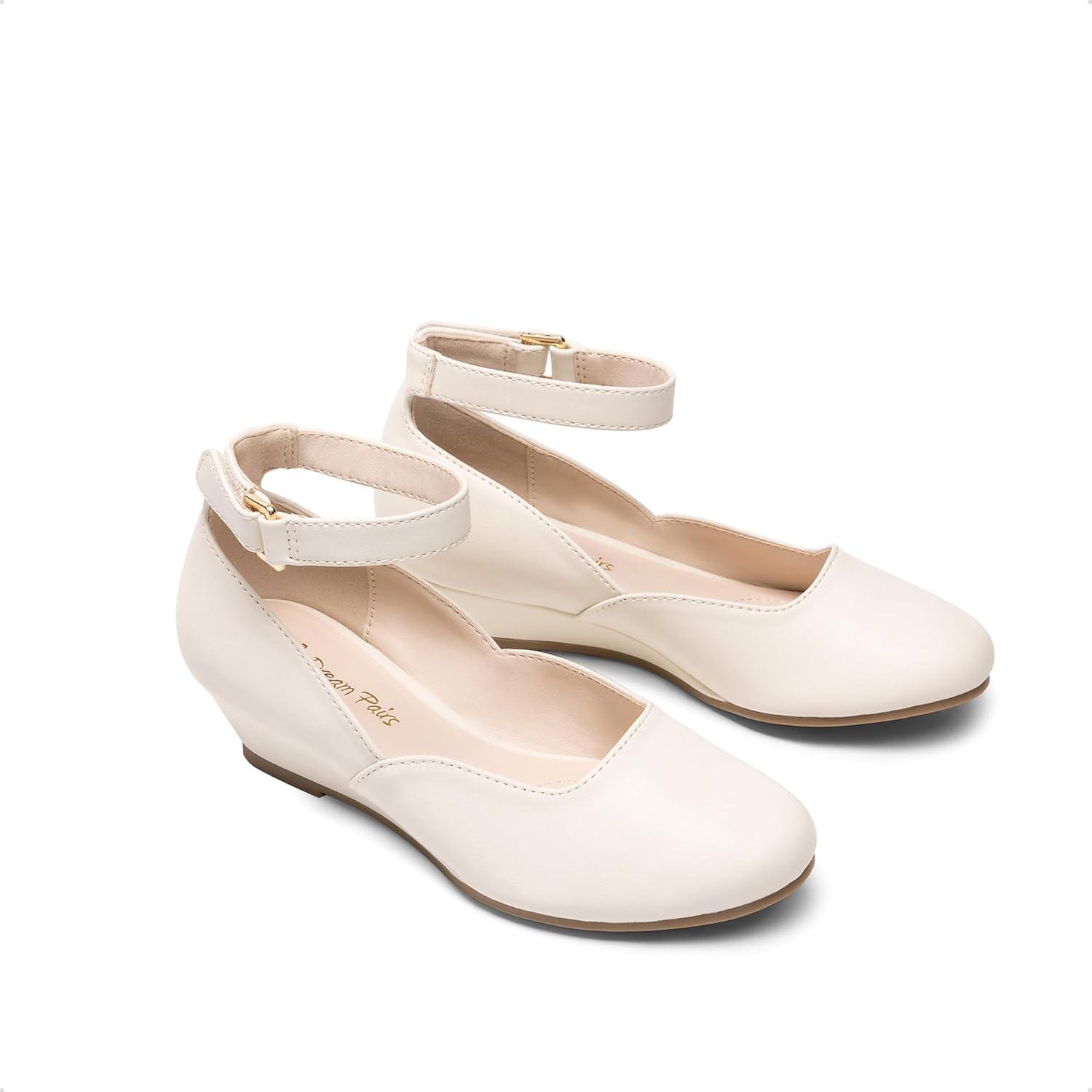 imageDREAM PAIRS Girls Dress Shoes Low Wedge Heels Ankle Strap Wedding Flower Party Pump for Toddler Little Big KidIvory