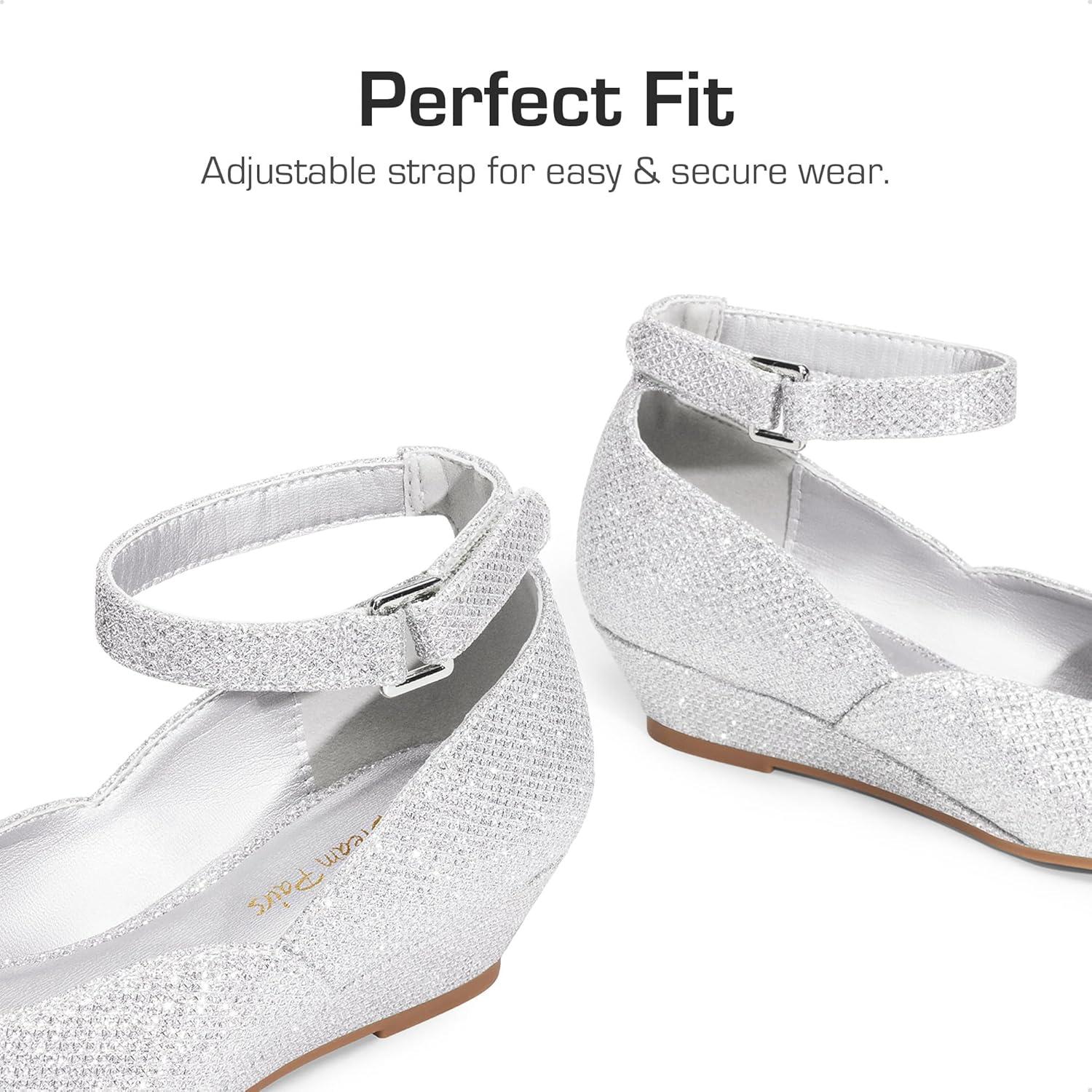 imageDREAM PAIRS Girls Dress Shoes Low Wedge Heels Ankle Strap Wedding Flower Party Pump for Toddler Little Big KidSilver