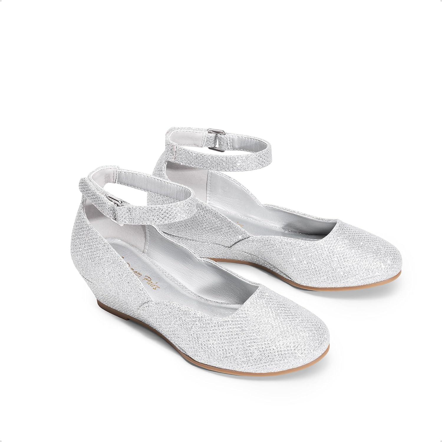 imageDREAM PAIRS Girls Dress Shoes Low Wedge Heels Ankle Strap Wedding Flower Party Pump for Toddler Little Big KidSilver
