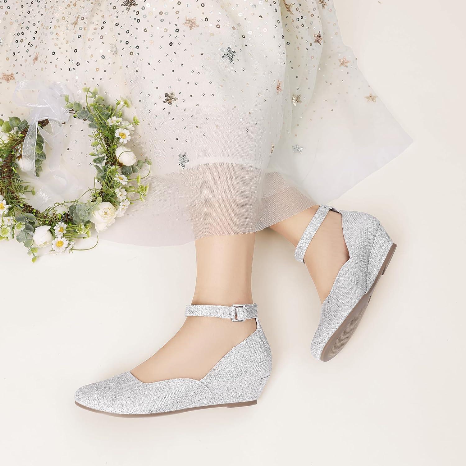 imageDREAM PAIRS Girls Dress Shoes Low Wedge Heels Ankle Strap Wedding Flower Party Pump for Toddler Little Big KidSilver