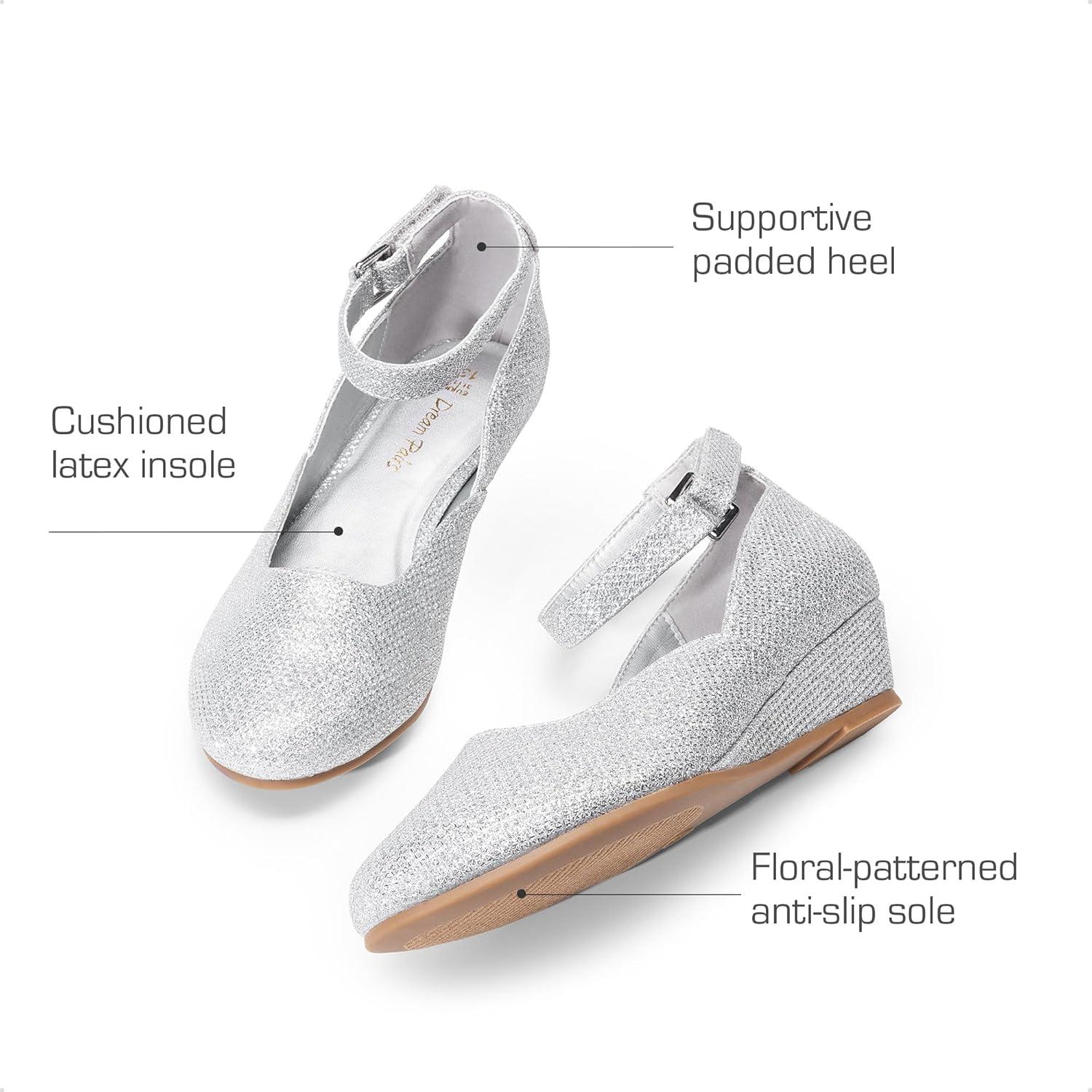 imageDREAM PAIRS Girls Dress Shoes Low Wedge Heels Ankle Strap Wedding Flower Party Pump for Toddler Little Big KidSilver