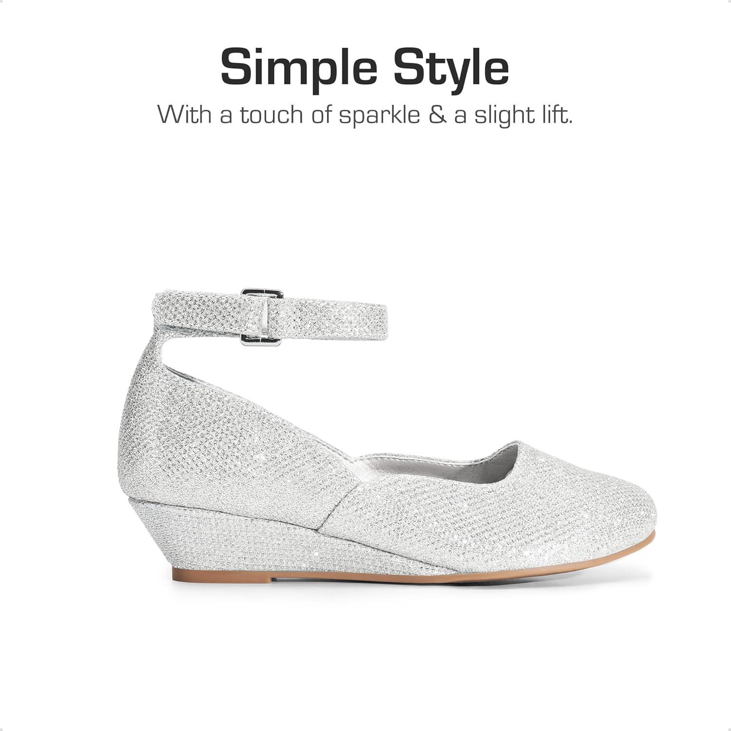 imageDREAM PAIRS Girls Dress Shoes Low Wedge Heels Ankle Strap Wedding Flower Party Pump for Toddler Little Big KidSilver