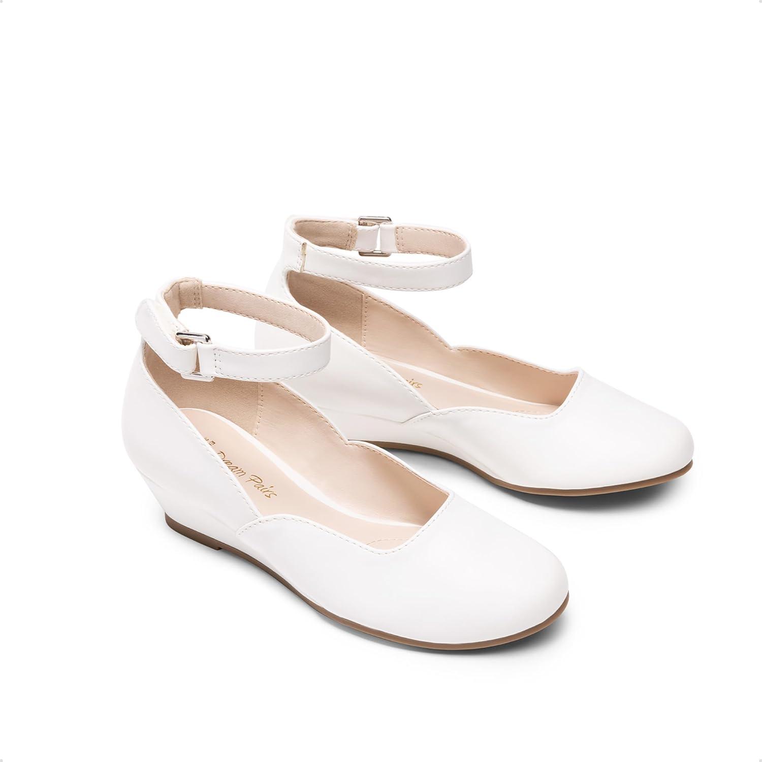 imageDREAM PAIRS Girls Dress Shoes Low Wedge Heels Ankle Strap Wedding Flower Party Pump for Toddler Little Big KidWhite
