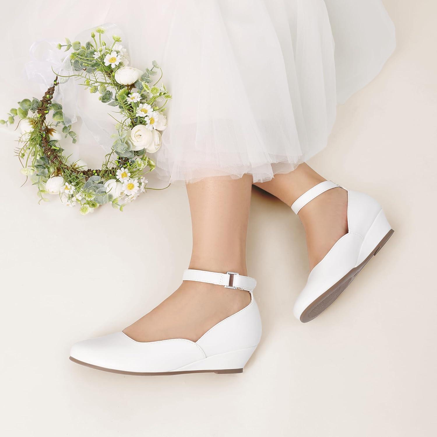imageDREAM PAIRS Girls Dress Shoes Low Wedge Heels Ankle Strap Wedding Flower Party Pump for Toddler Little Big KidWhite