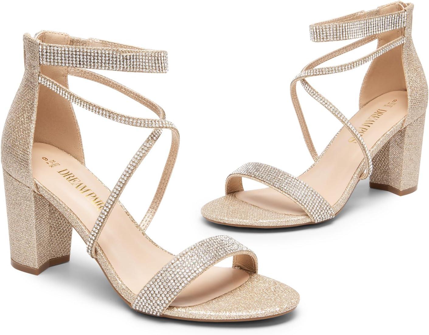 imageDREAM PAIRS Womens Chunk Low Heel Pump SandalsAll Goldglitter