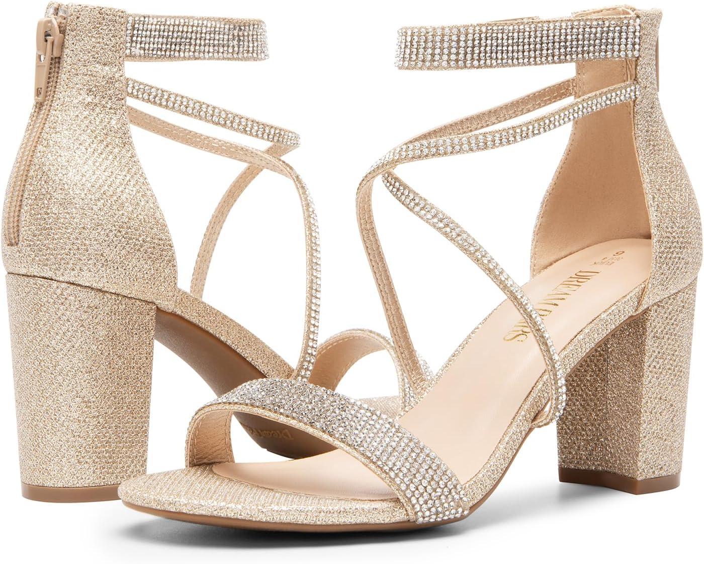 imageDREAM PAIRS Womens Chunk Low Heel Pump SandalsAll Goldglitter