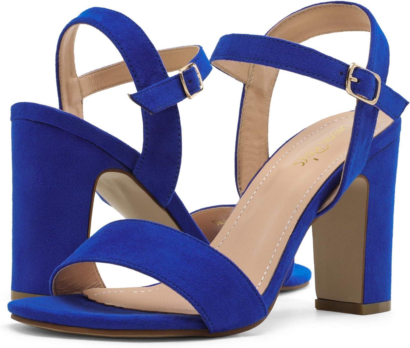 imageDREAM PAIRS Womens Chunky Heels Open Toe Ankle Strap High Block Comfy Dress Heel Sandals Pumps ShoesRoyalBlueSuede