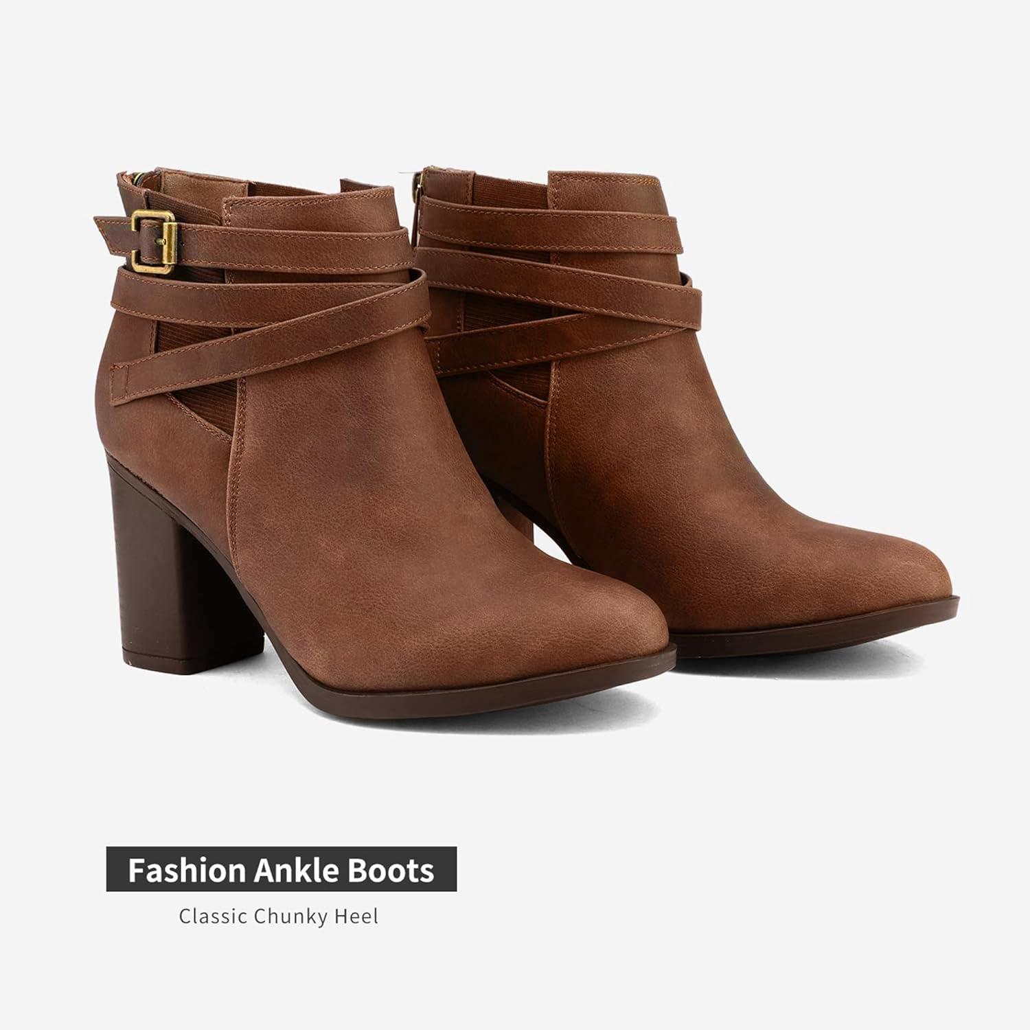 imageDREAM PAIRS Womens Chunky High Heel Ankle Boots Close Toe Fall Heeled Booties ShoesBrownpu