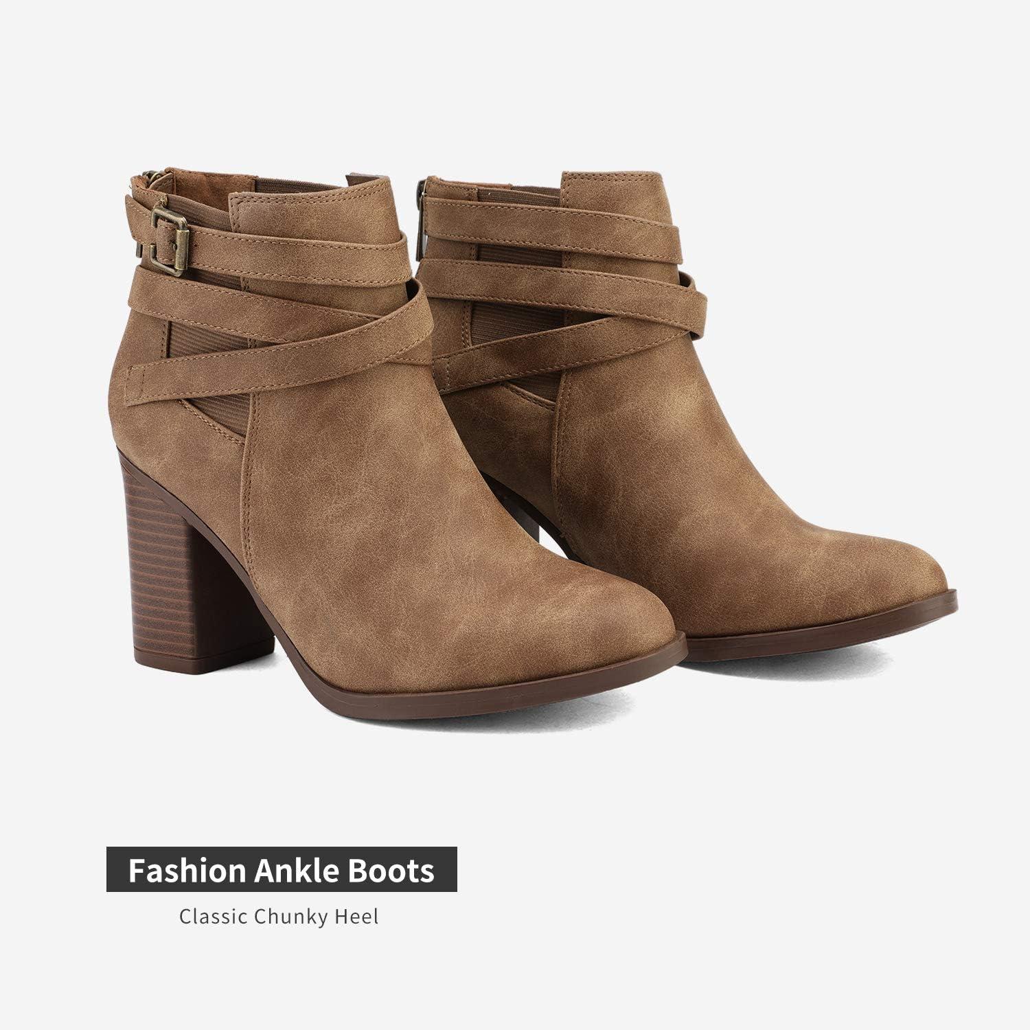 imageDREAM PAIRS Womens Chunky High Heel Ankle Boots Close Toe Fall Heeled Booties ShoesTan