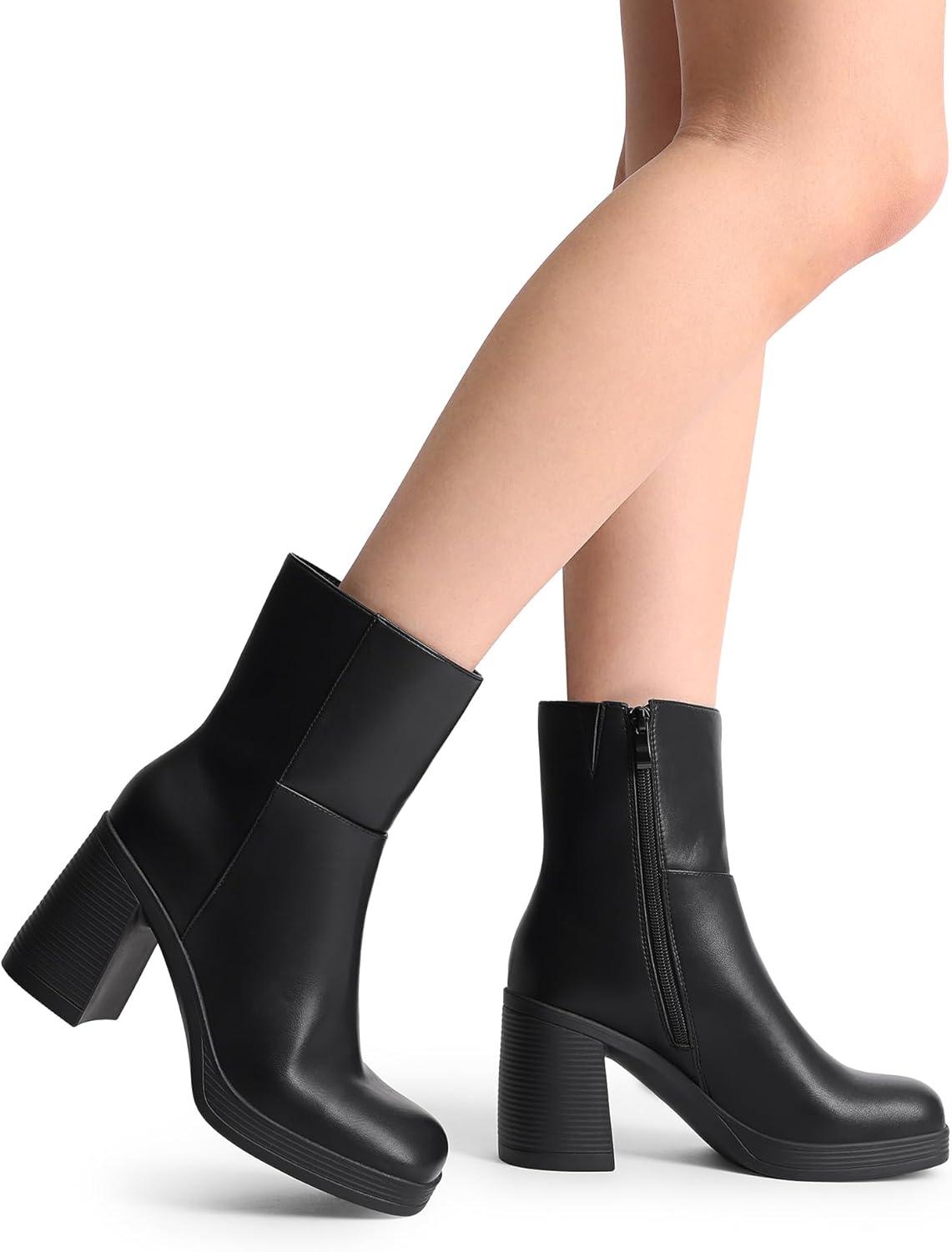 imageDREAM PAIRS Womens Platform Gogo Ankle Boots Chunky High Heels Square Toe Comfort Party Dress Side Zipper Booties Shoes for WomenBlack