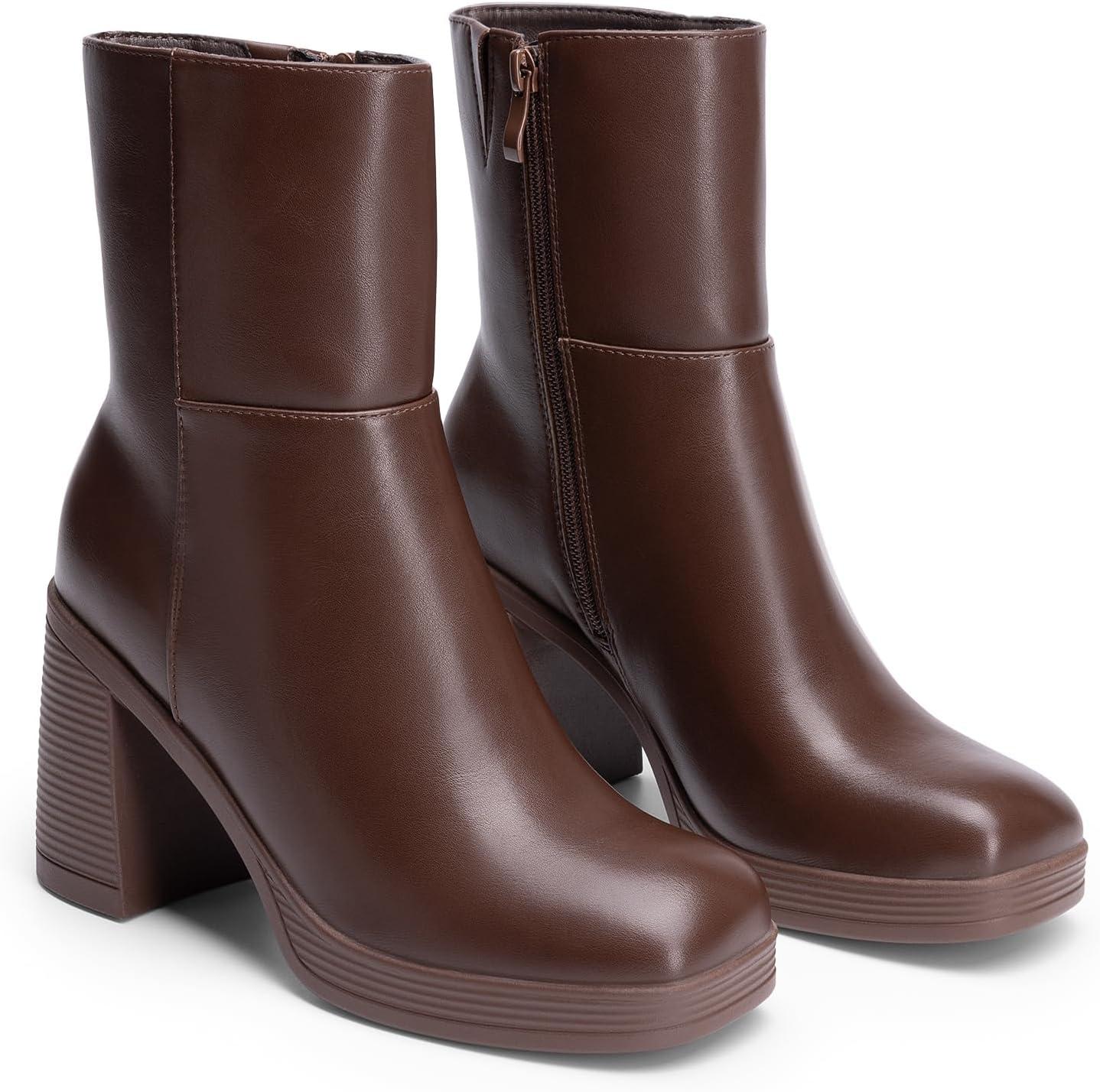imageDREAM PAIRS Womens Platform Gogo Ankle Boots Chunky High Heels Square Toe Comfort Party Dress Side Zipper Booties Shoes for WomenBrown