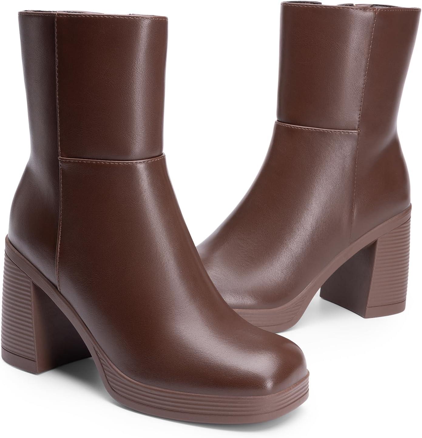 imageDREAM PAIRS Womens Platform Gogo Ankle Boots Chunky High Heels Square Toe Comfort Party Dress Side Zipper Booties Shoes for WomenBrown