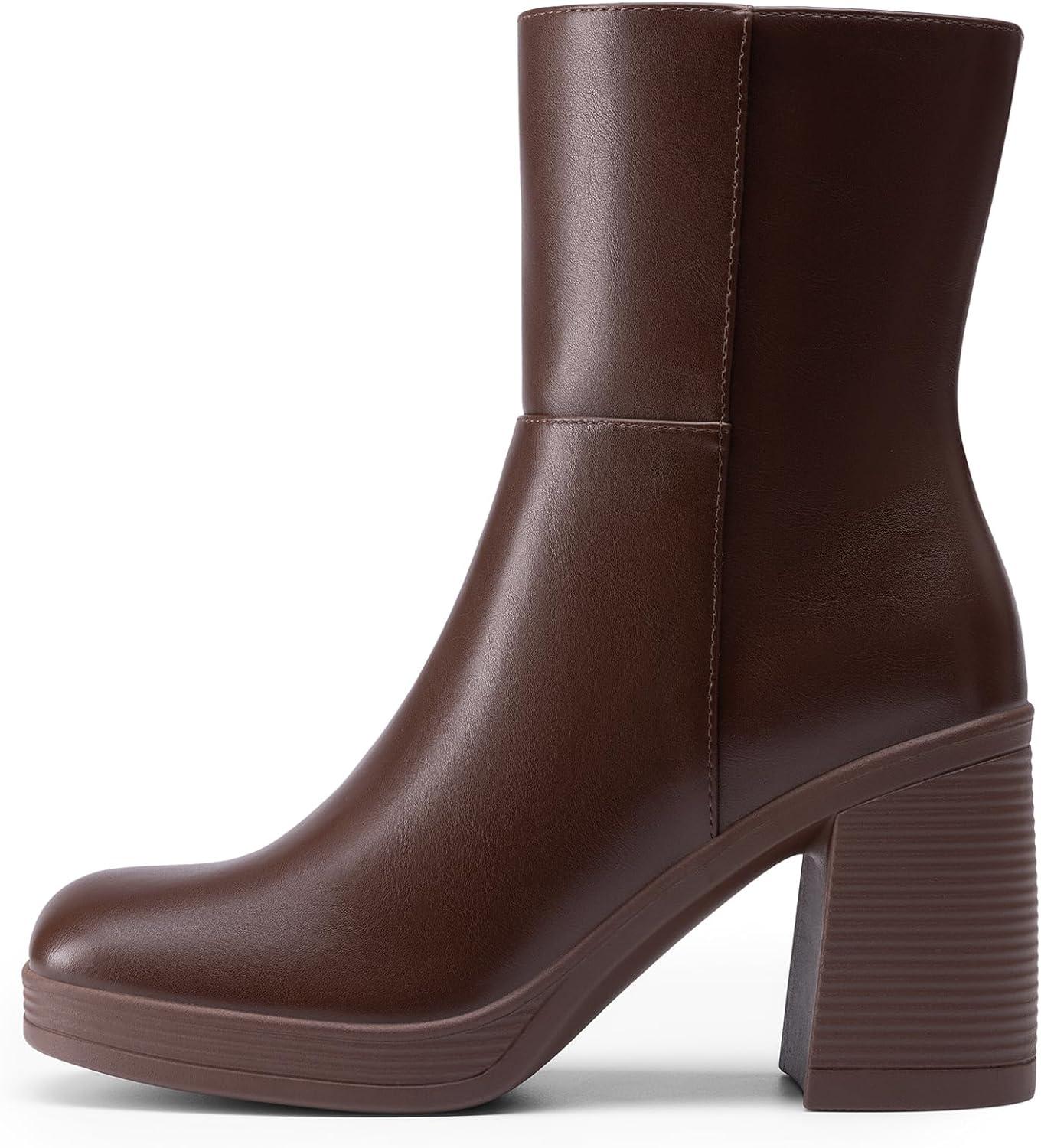 imageDREAM PAIRS Womens Platform Gogo Ankle Boots Chunky High Heels Square Toe Comfort Party Dress Side Zipper Booties Shoes for WomenBrown