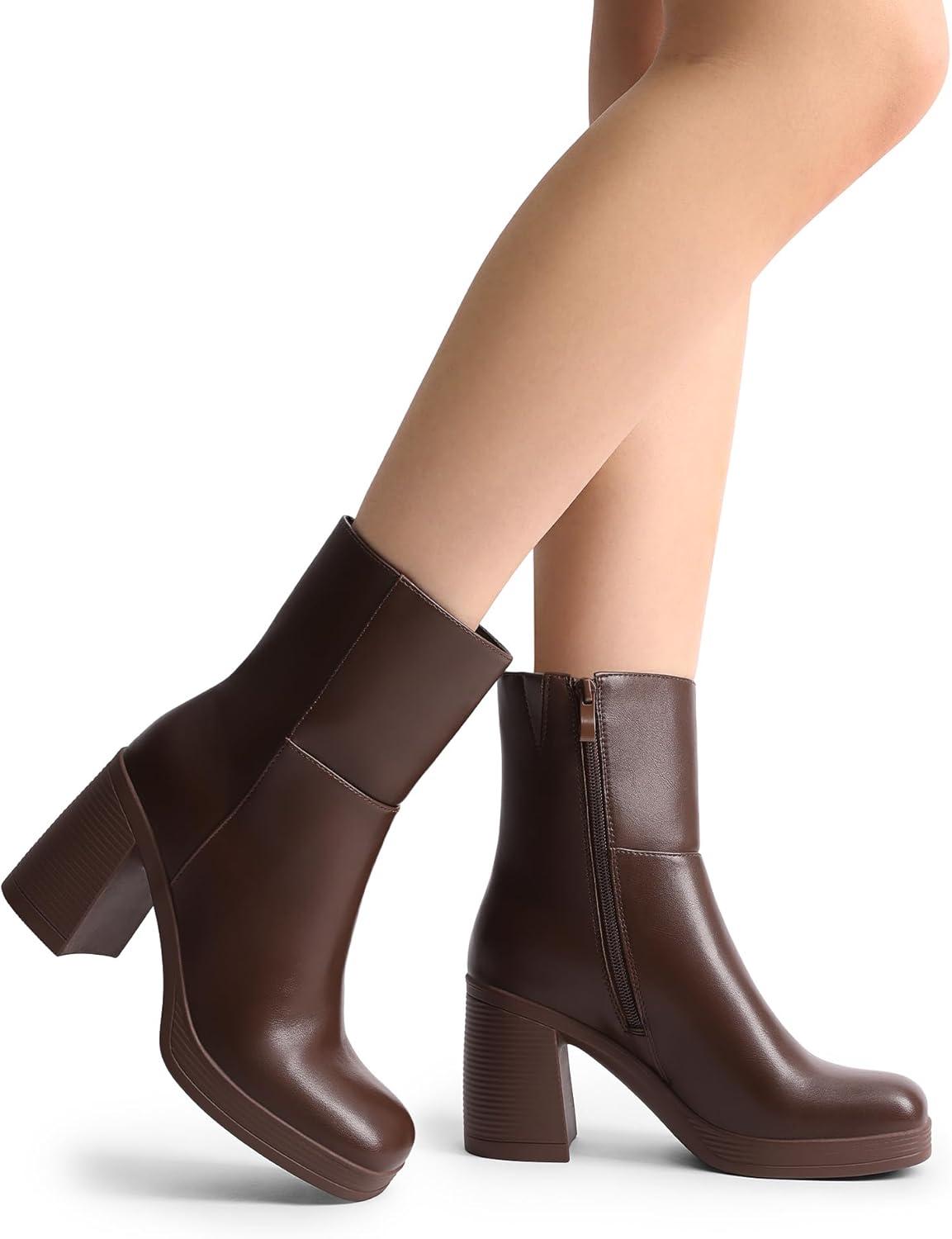 imageDREAM PAIRS Womens Platform Gogo Ankle Boots Chunky High Heels Square Toe Comfort Party Dress Side Zipper Booties Shoes for WomenBrown