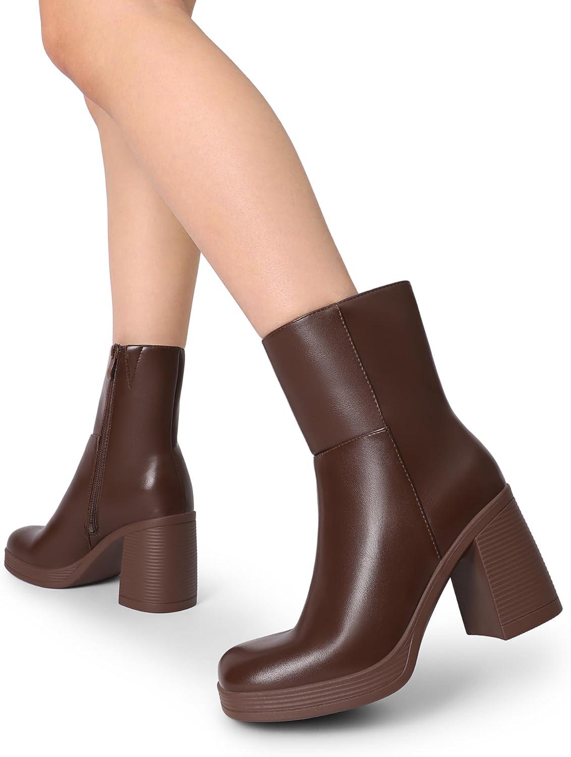 imageDREAM PAIRS Womens Platform Gogo Ankle Boots Chunky High Heels Square Toe Comfort Party Dress Side Zipper Booties Shoes for WomenBrown