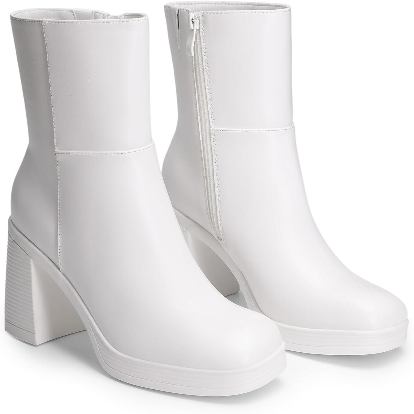 imageDREAM PAIRS Womens Platform Gogo Ankle Boots Chunky High Heels Square Toe Comfort Party Dress Side Zipper Booties Shoes for WomenWhite