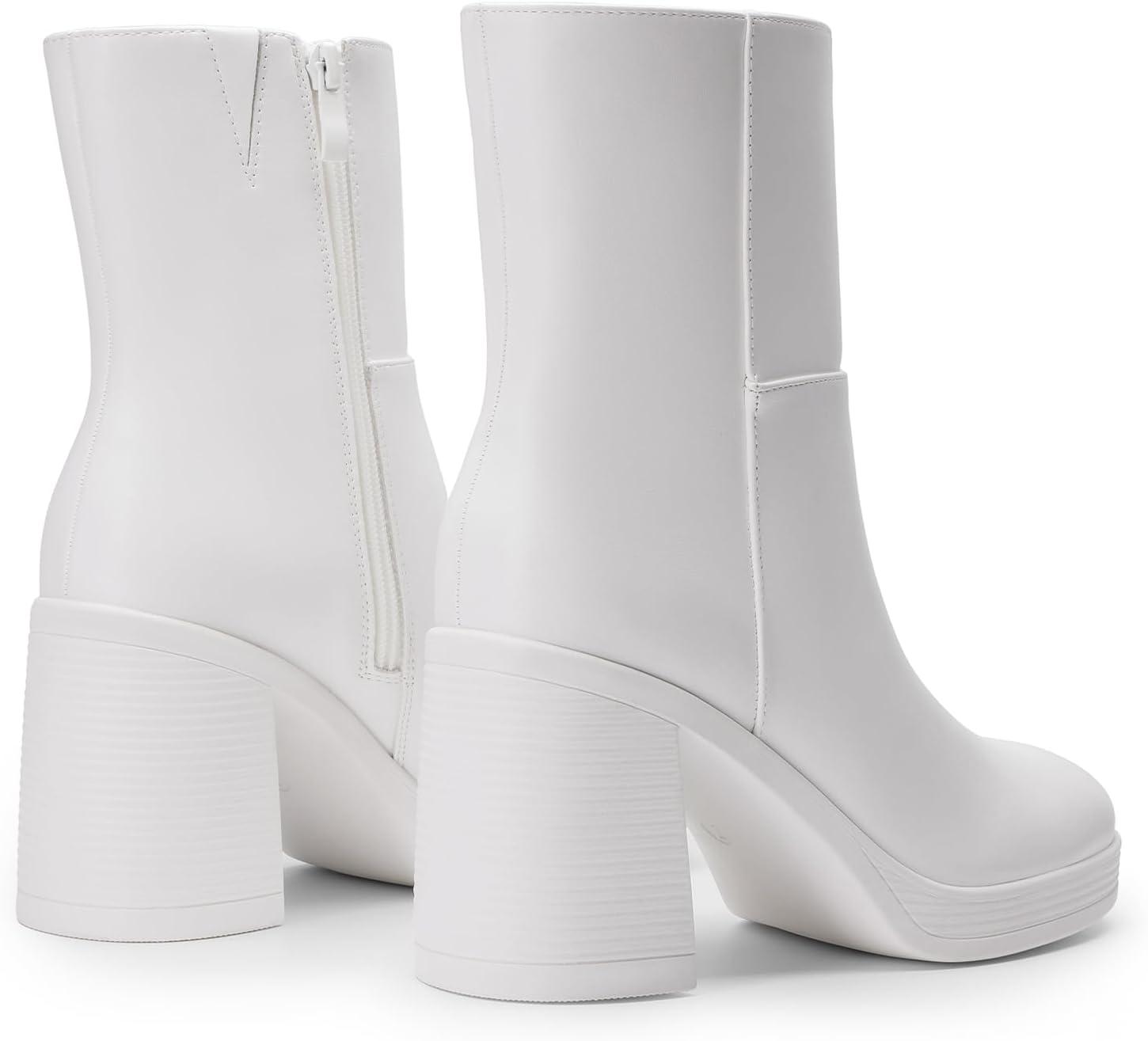 imageDREAM PAIRS Womens Platform Gogo Ankle Boots Chunky High Heels Square Toe Comfort Party Dress Side Zipper Booties Shoes for WomenWhite