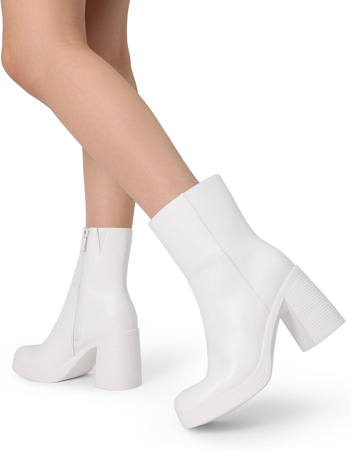 imageDREAM PAIRS Womens Platform Gogo Ankle Boots Chunky High Heels Square Toe Comfort Party Dress Side Zipper Booties Shoes for WomenWhite
