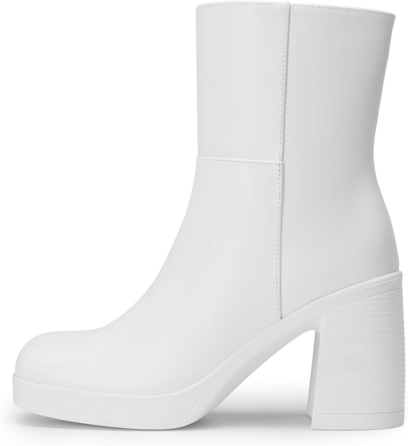 imageDREAM PAIRS Womens Platform Gogo Ankle Boots Chunky High Heels Square Toe Comfort Party Dress Side Zipper Booties Shoes for WomenWhite