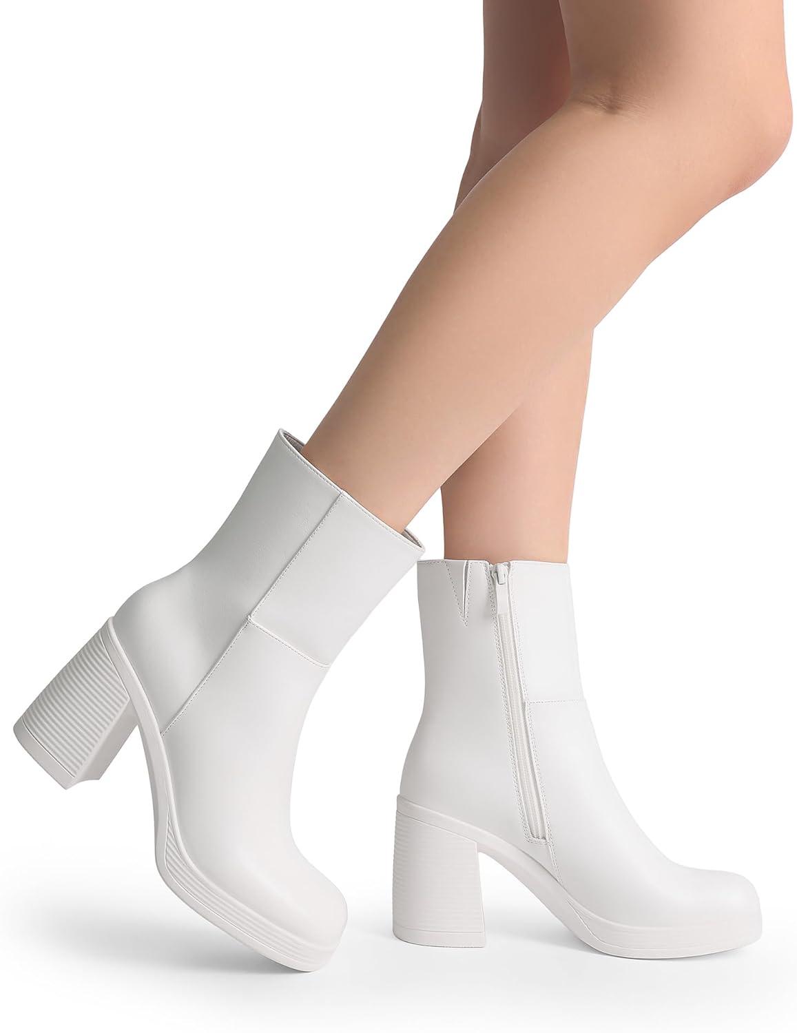 imageDREAM PAIRS Womens Platform Gogo Ankle Boots Chunky High Heels Square Toe Comfort Party Dress Side Zipper Booties Shoes for WomenWhite