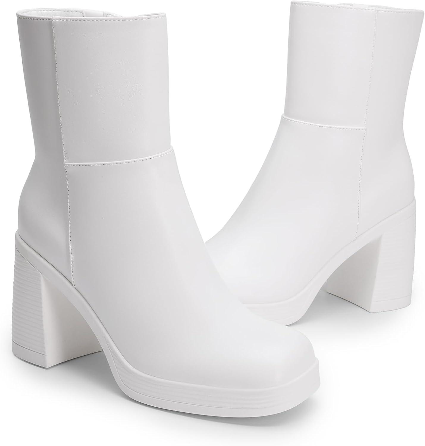 imageDREAM PAIRS Womens Platform Gogo Ankle Boots Chunky High Heels Square Toe Comfort Party Dress Side Zipper Booties Shoes for WomenWhite