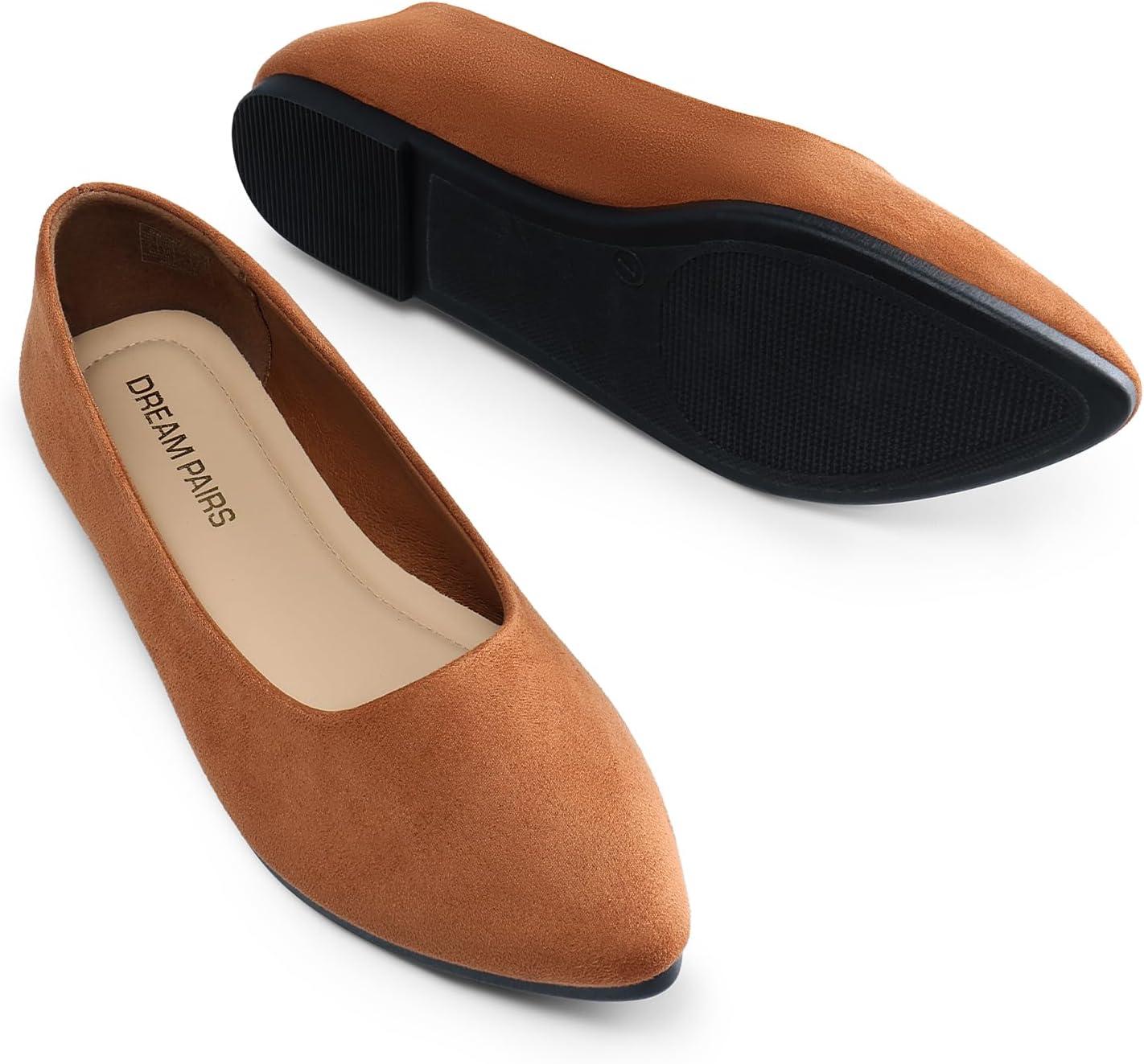 imageDREAM PAIRS Womens Pointed Toe Flats Comfortable Flexible Cushioned Slip On Business Work Office Casual Suede Ballet Flats Dress ShoesBrown
