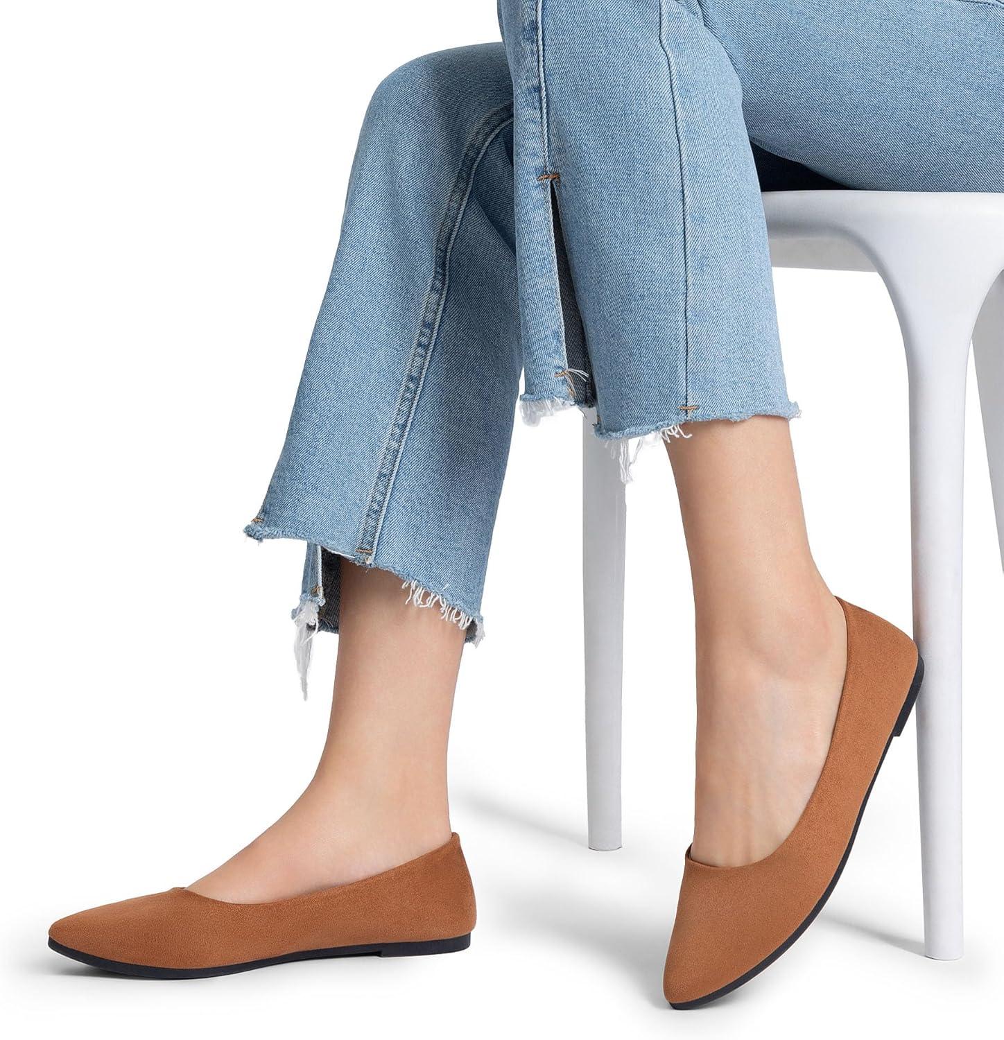 imageDREAM PAIRS Womens Pointed Toe Flats Comfortable Flexible Cushioned Slip On Business Work Office Casual Suede Ballet Flats Dress ShoesBrown