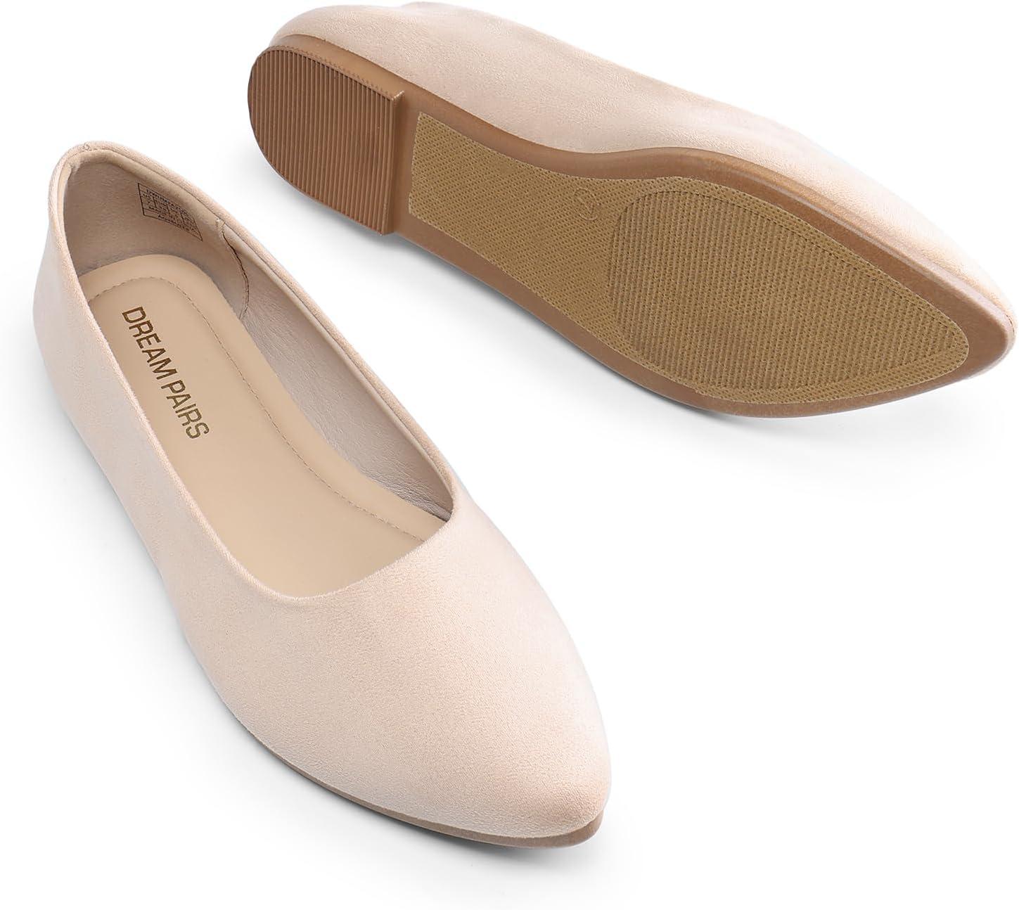 imageDREAM PAIRS Womens Pointed Toe Flats Comfortable Flexible Cushioned Slip On Business Work Office Casual Suede Ballet Flats Dress ShoesNude