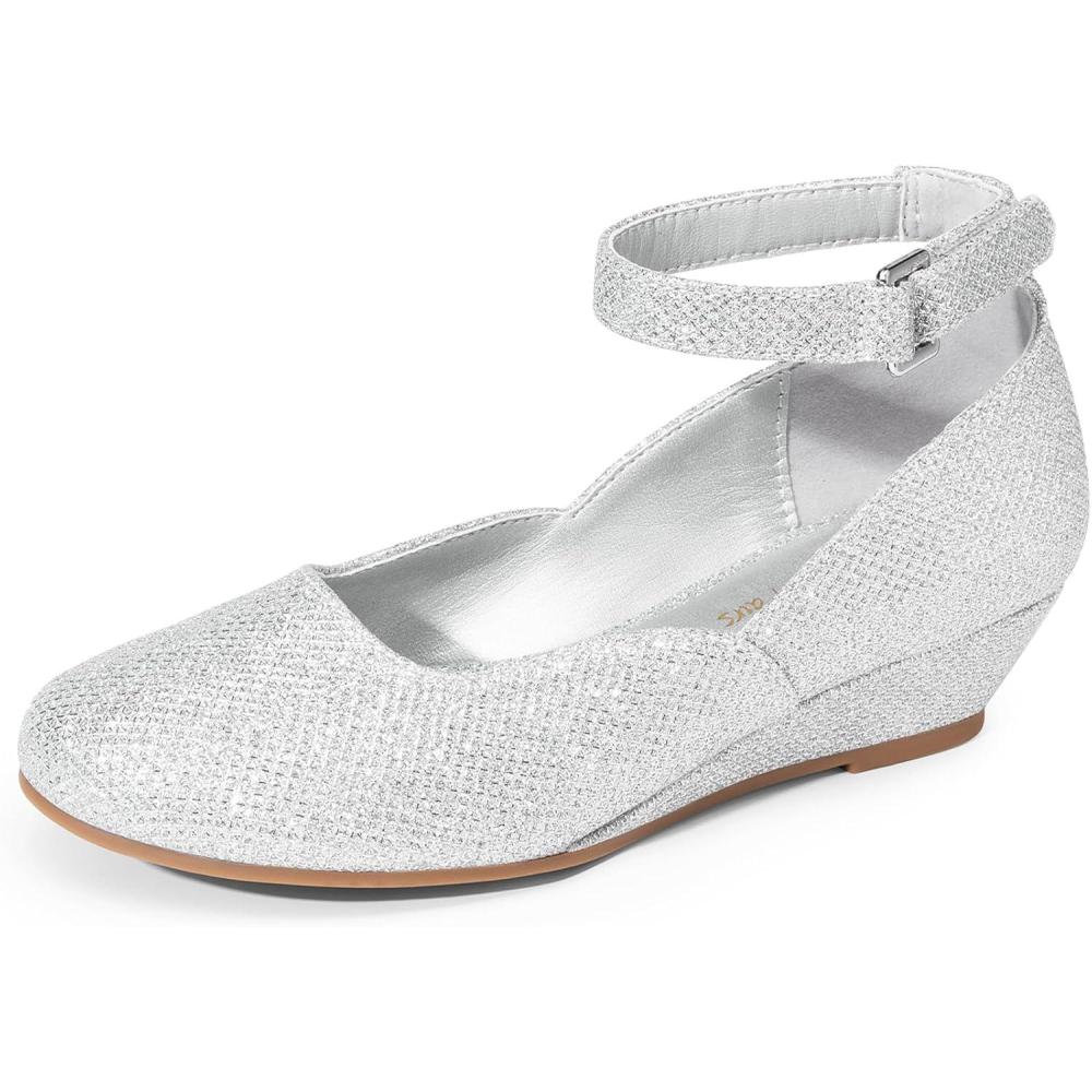 imageDREAM PAIRS Girls Dress Shoes Low Wedge Heels Ankle Strap Wedding Flower Party Pump for Toddler Little Big KidSilver