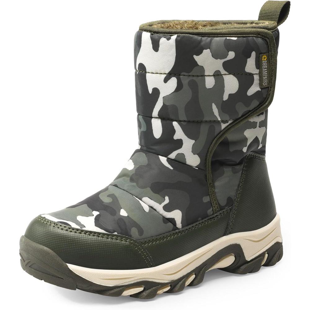 imageDREAM PAIRS Kids Waterproof Snow Boots with Hook and Loop Mid Calf Faux Fur Lining Winter BootsCamoGreen