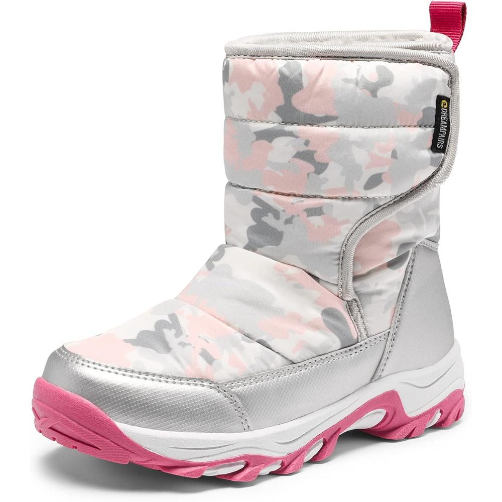 imageDREAM PAIRS Kids Waterproof Snow Boots with Hook and Loop Mid Calf Faux Fur Lining Winter BootsGrayWhiteRed